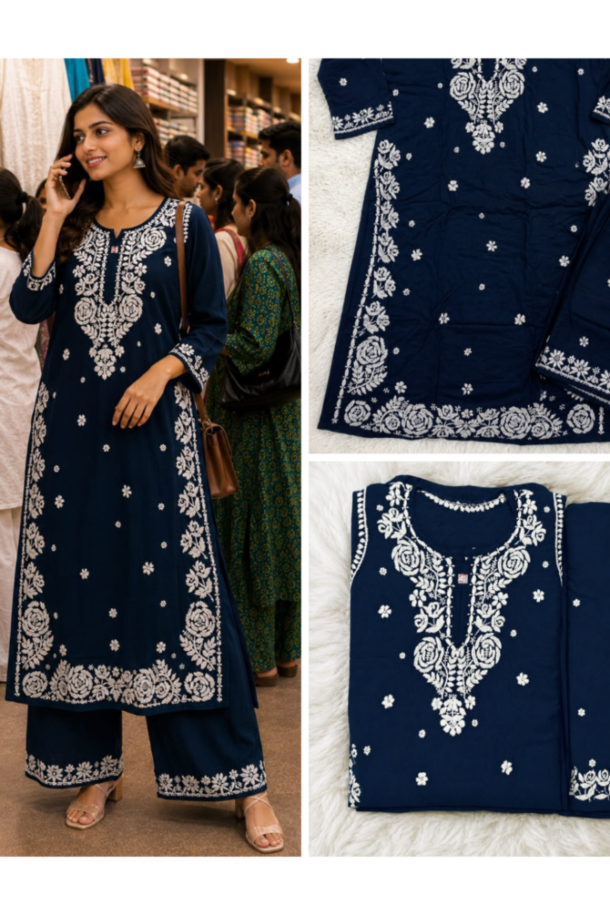 MYSMAR Navy Blue Chikankari Embroidered Kurta Palazzo Set - CHK1005 | Navy Blue-Size:XL-42-Inches
