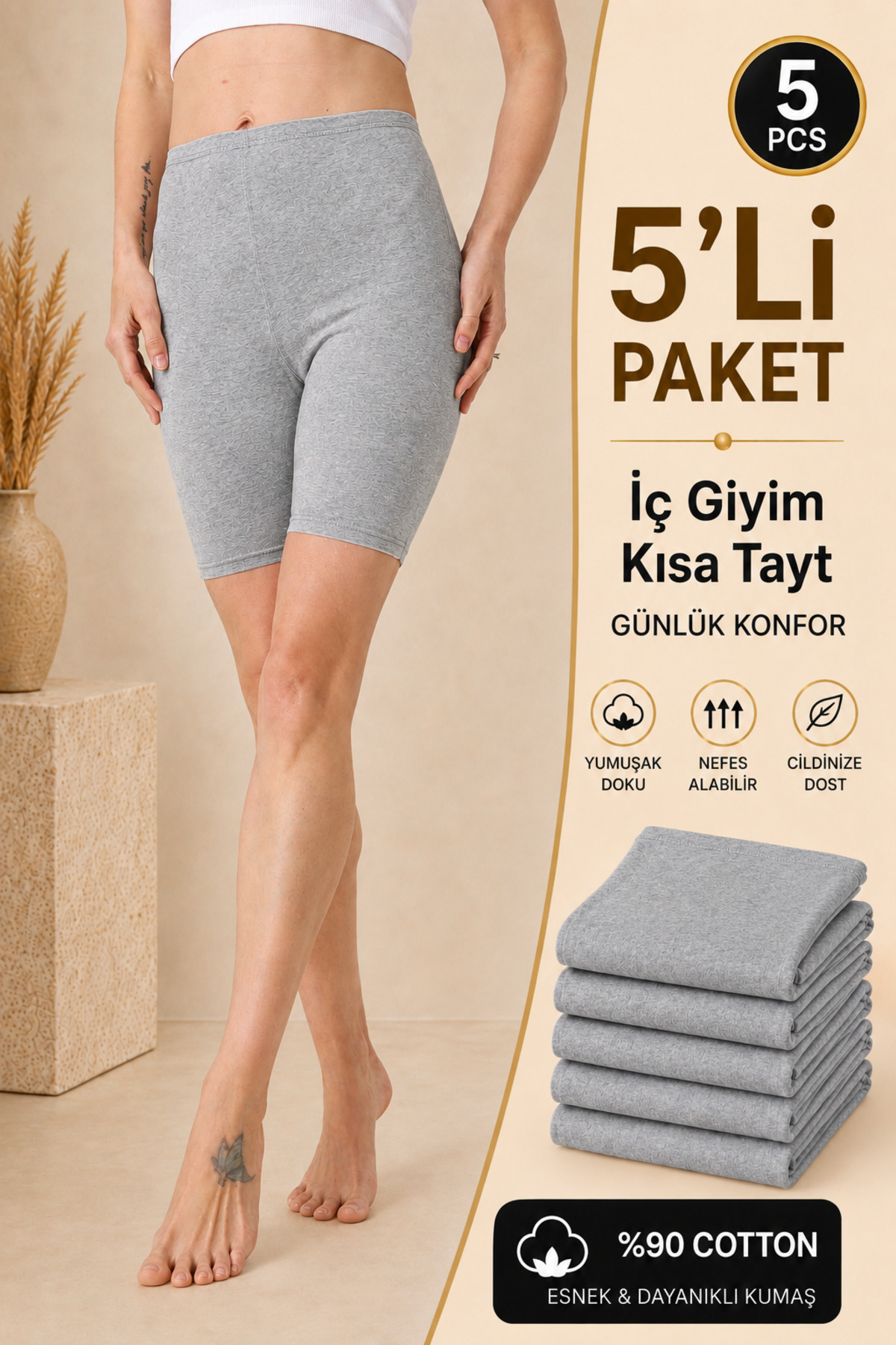 Altınay Women's 5-Pack Underwear Knee-Length Leggings - 90% Cotton