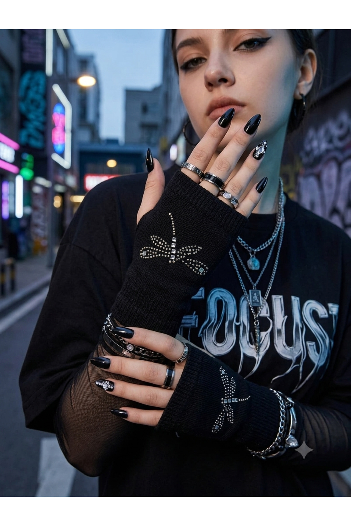 EymenSocks Kadın Siyah Taşlı Parmaksız Eldiven Y2K Gothic Kesik Parmak Örme Eldiven