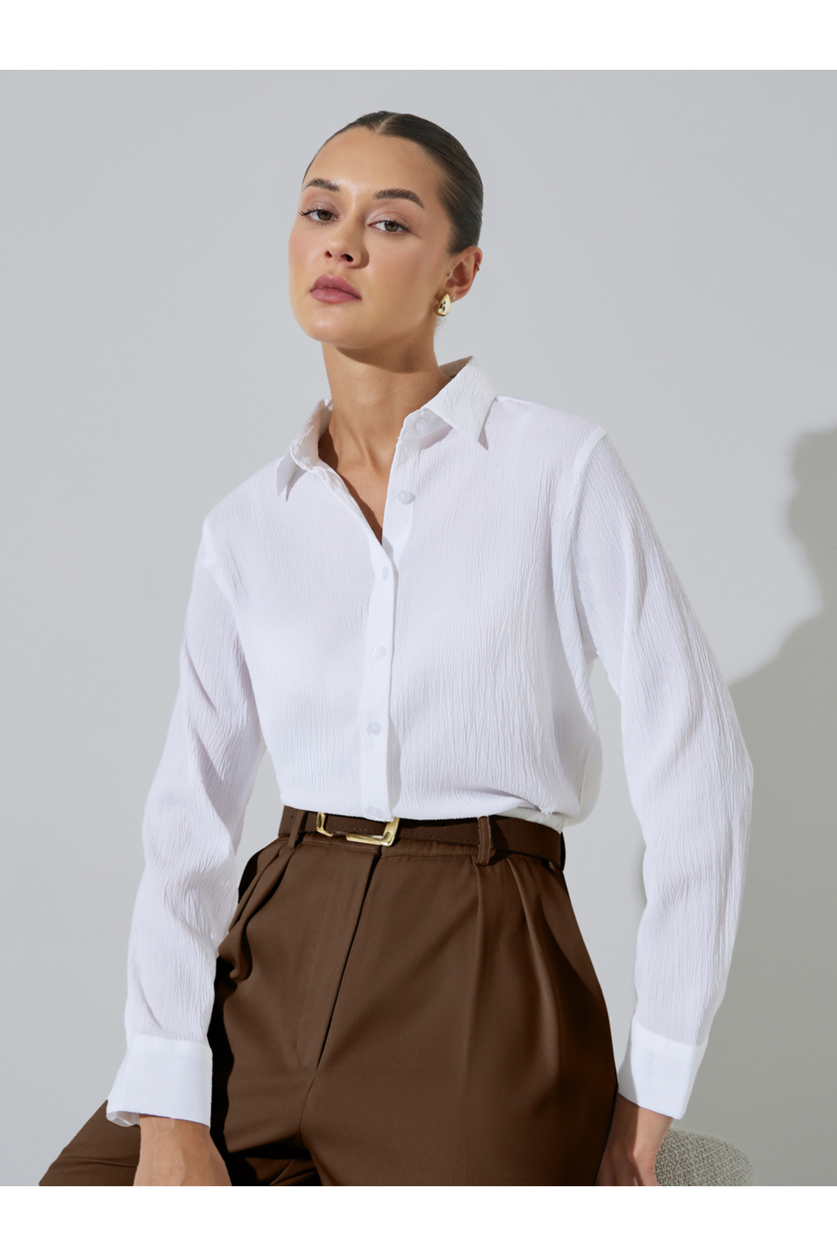 Styli White Textured Long Sleeve Button-Up Shirt