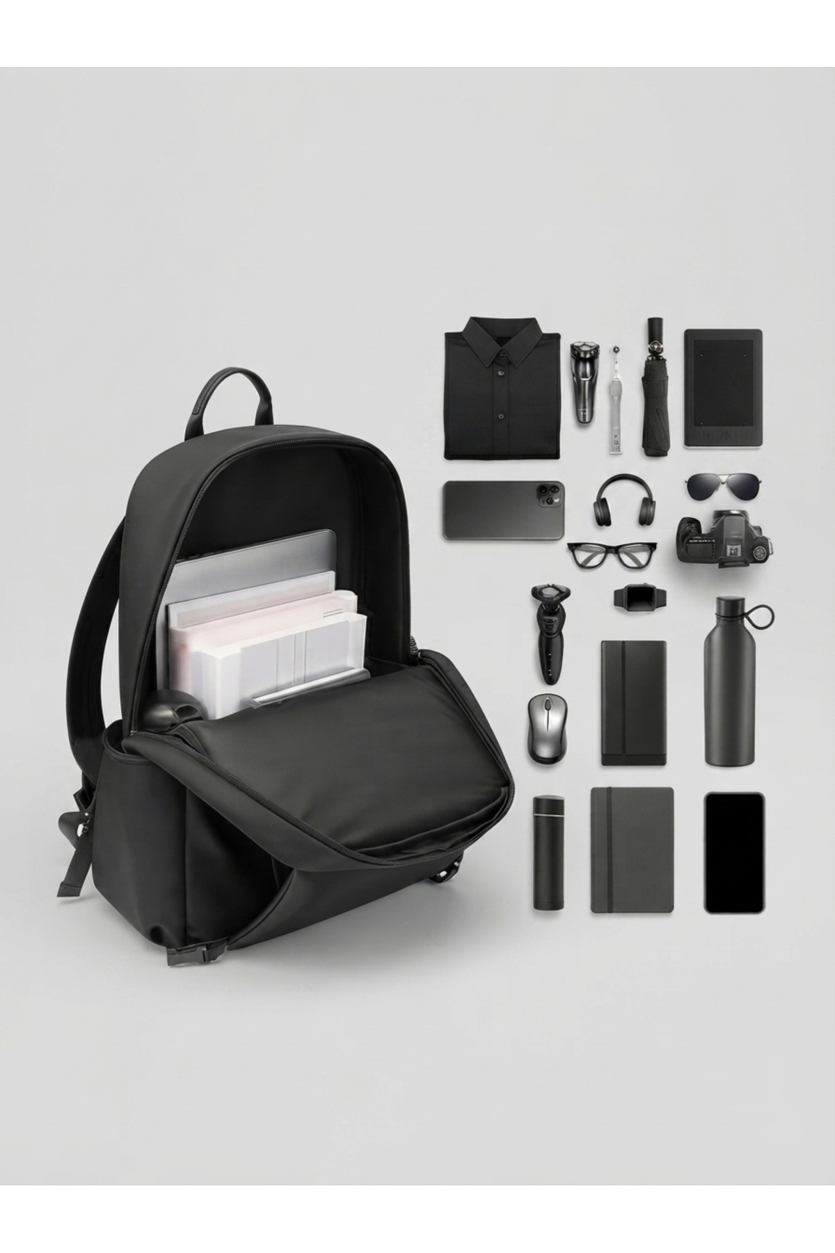 Tech&bello accessories Siyah 4 Bölmeli Su İtici Fermuar Özellikli Suni Deri Laptop Sırt Çantası görsel 2