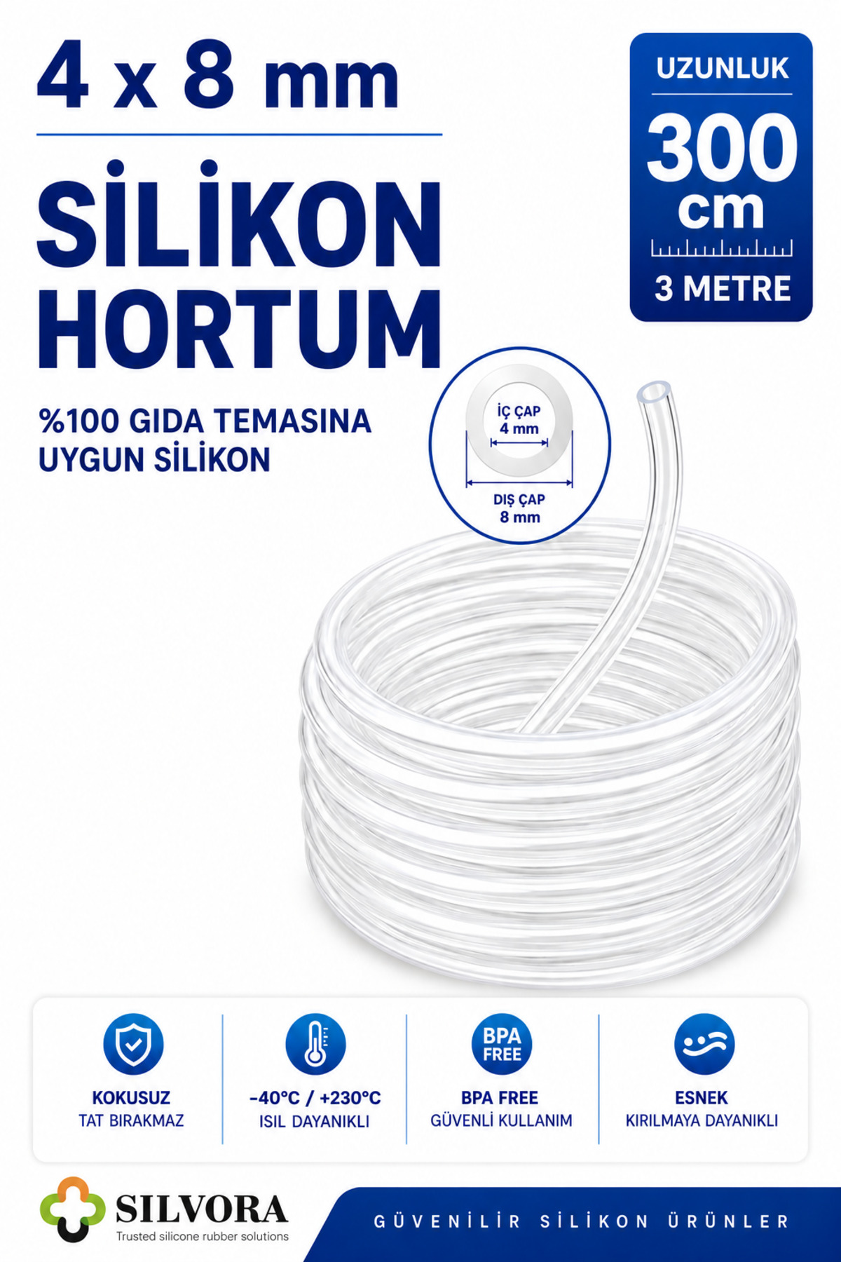 Silvora Trusted silicone rubber solutions %100 Silikon Hortumu 4x7 mm-İç Çap 4 mm-Dış Çap 7 mm-3 metre-Gıda Temasına Uygun, Şeffaf, Esnek Bağlantı Hortumu