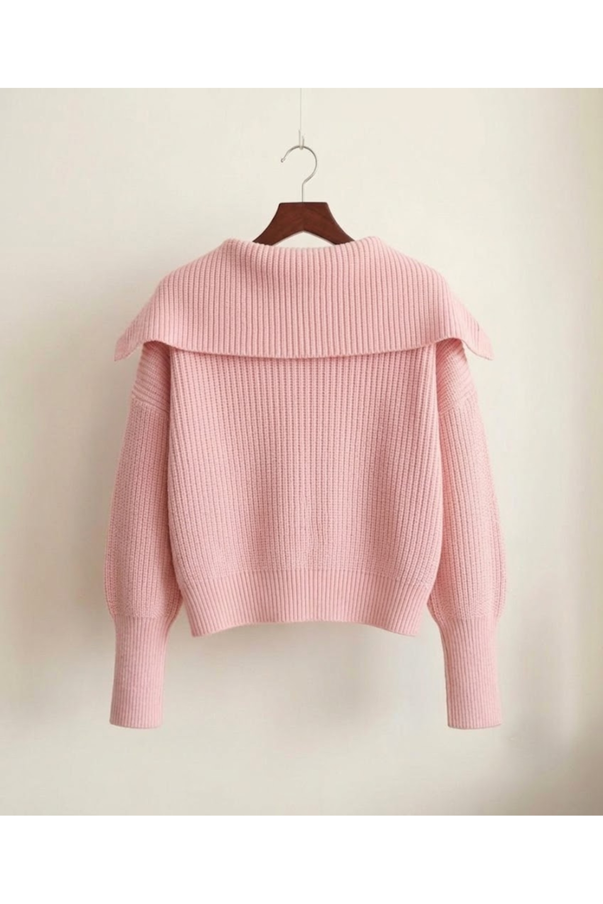 FLEX FASHION kadın esnek örgü yumoş fermuarlı devrik yaka pembe triko hırka görsel 2
