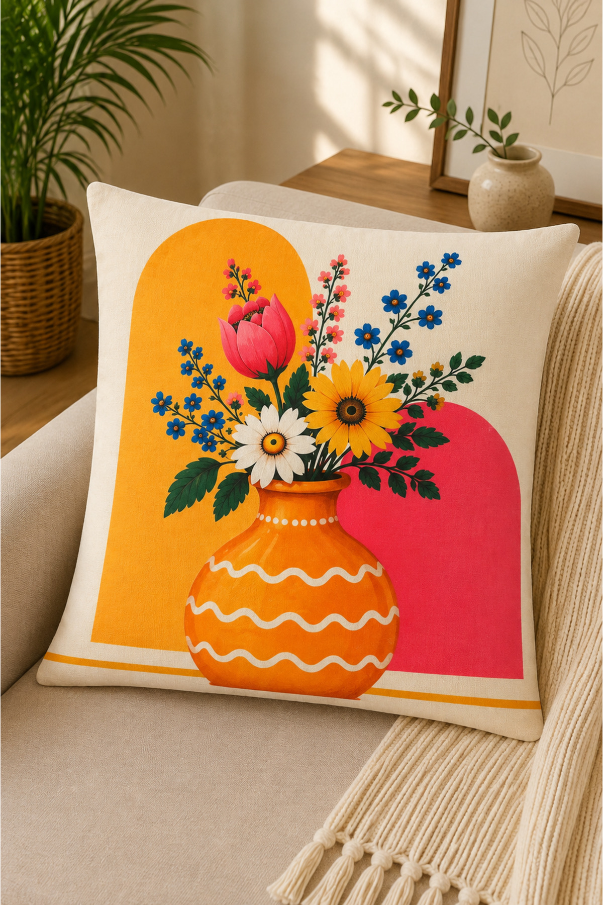 Dijital Baskılı Dekoratif Kırlent Kılıfı 43x43 cm – Modern Desenli Keten Dokulu