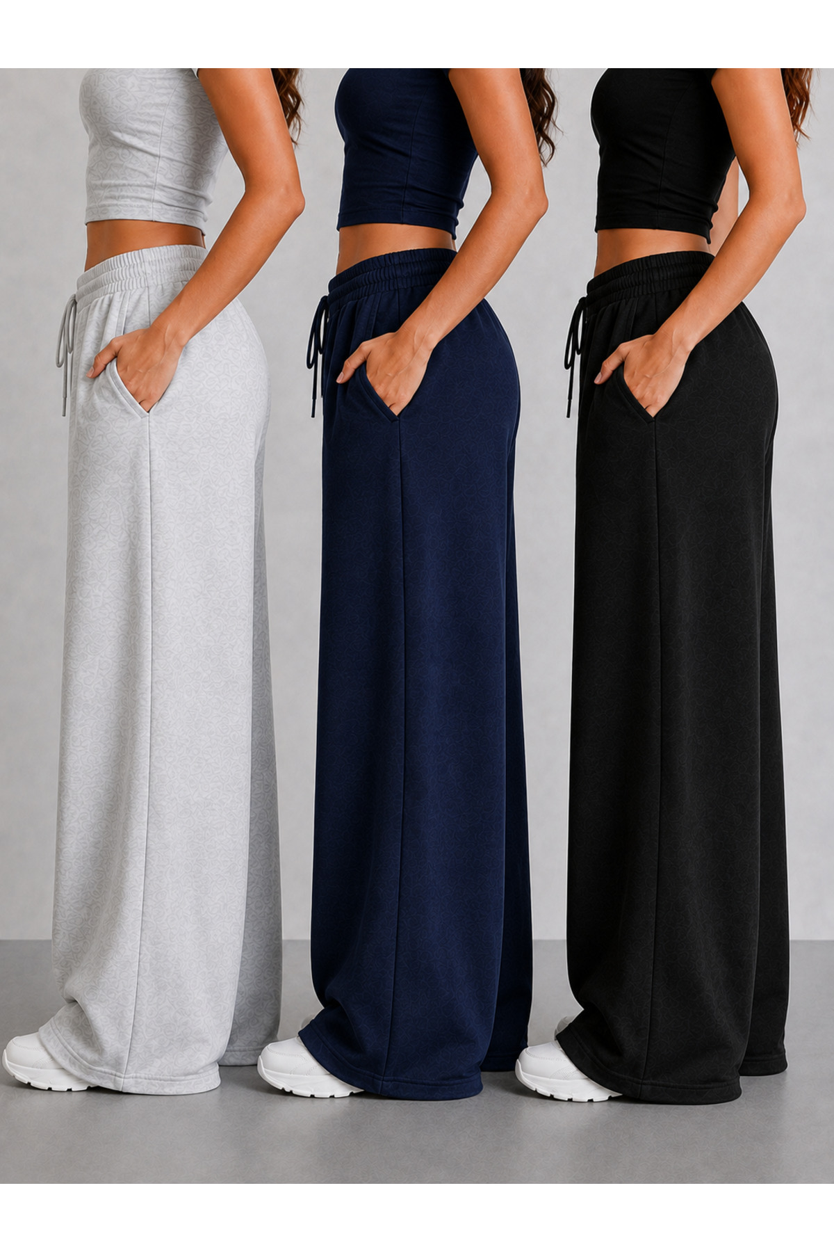 BERYY MODA 3'lü Eşofman Altı Seti Kadın Siyah Gri Lacivert Yüksek Bel Trend Wide Leg