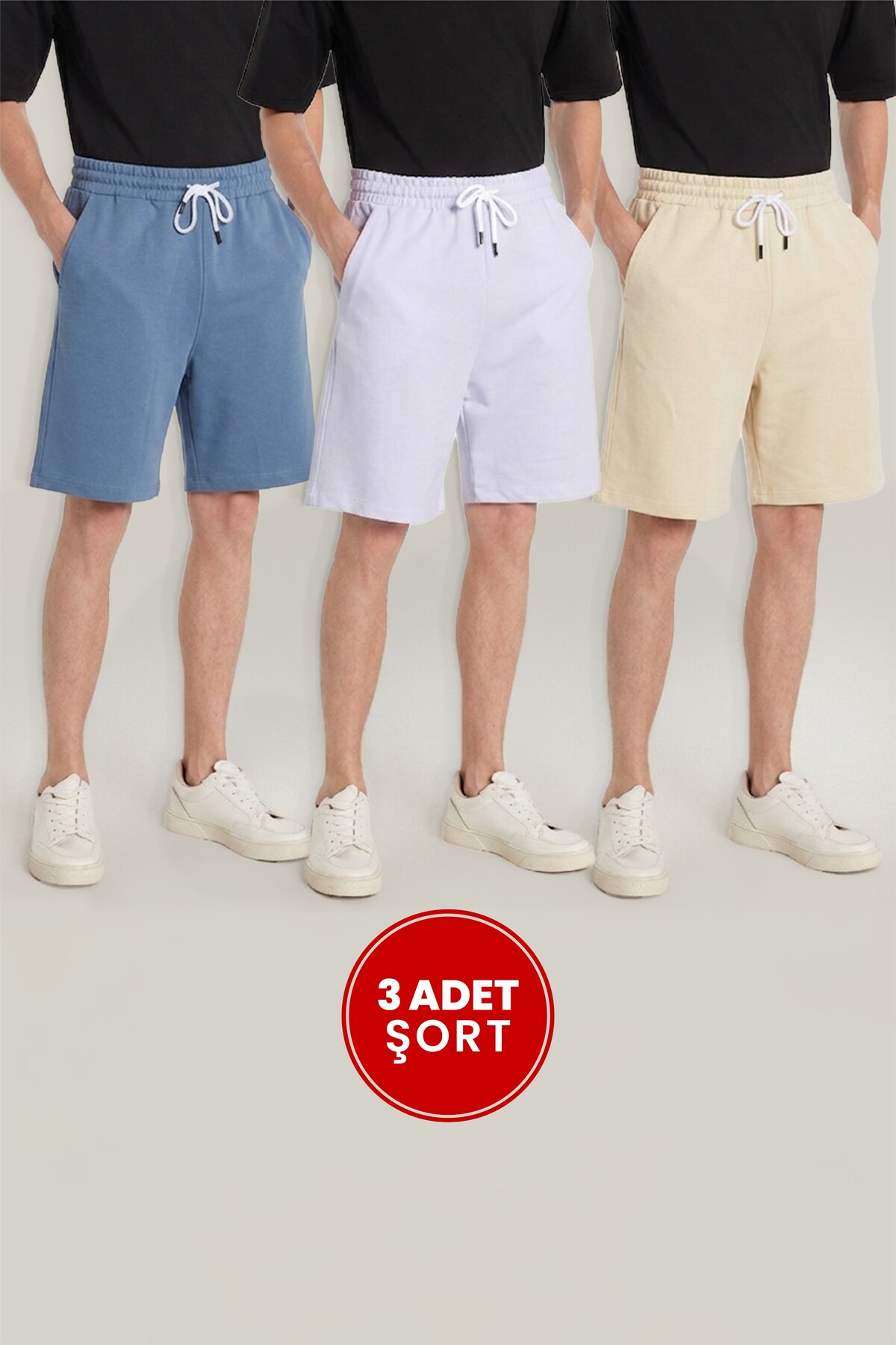 Tudors Erkek 3'lü Paket Beyaz-Mavi-Bej Relax Fit Rahat Kesim %100 Pamuk Beli Bağcıklı Çift Cepli Şort