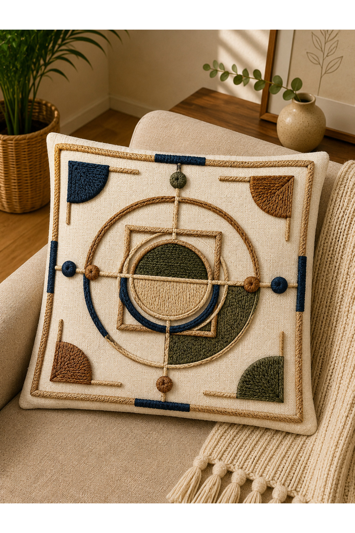 Dijital Baskılı Dekoratif Kırlent Kılıfı 43x43 cm – Modern Desenli Keten Dokulu