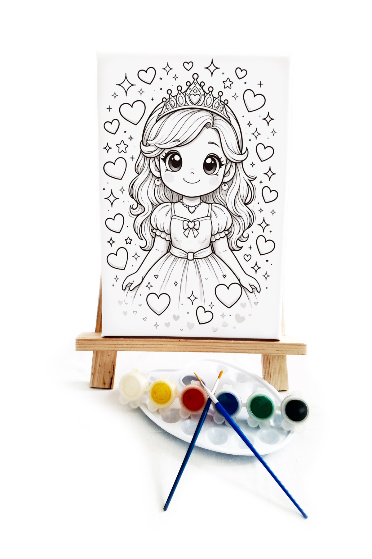Anime Prenses Çocuk Ressam Seti - 20 x 30 cm Önçizimli Tuval, 2 Adet Fırça, Palet, Boyalar ve Şövale