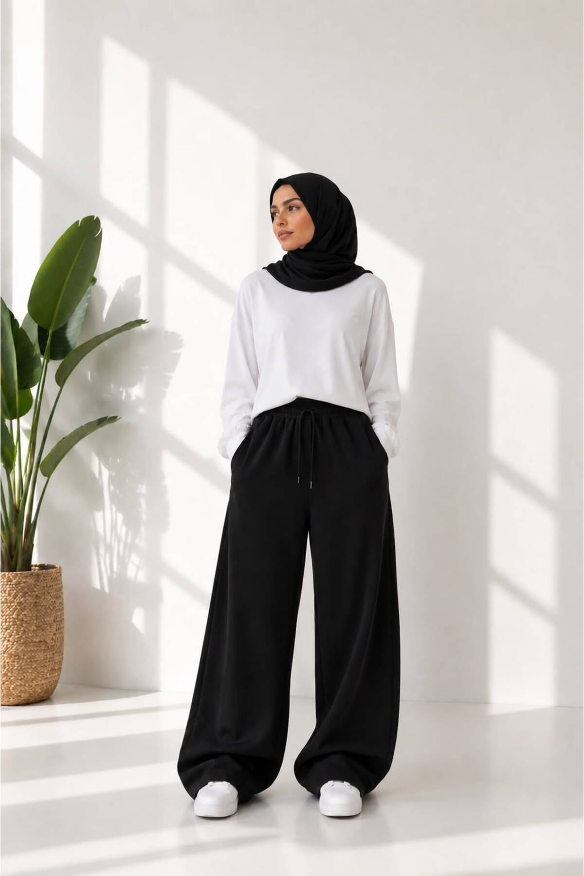 TONFİX LİFE 2 ADET SİYAH/GRİ KADIN TESETTÜR EŞOFMAN ALTI BOL PAÇA YÜKSEK BEL RAHAT KALIP CEPLİ İPLİ SPOR PANTOLON görsel 2