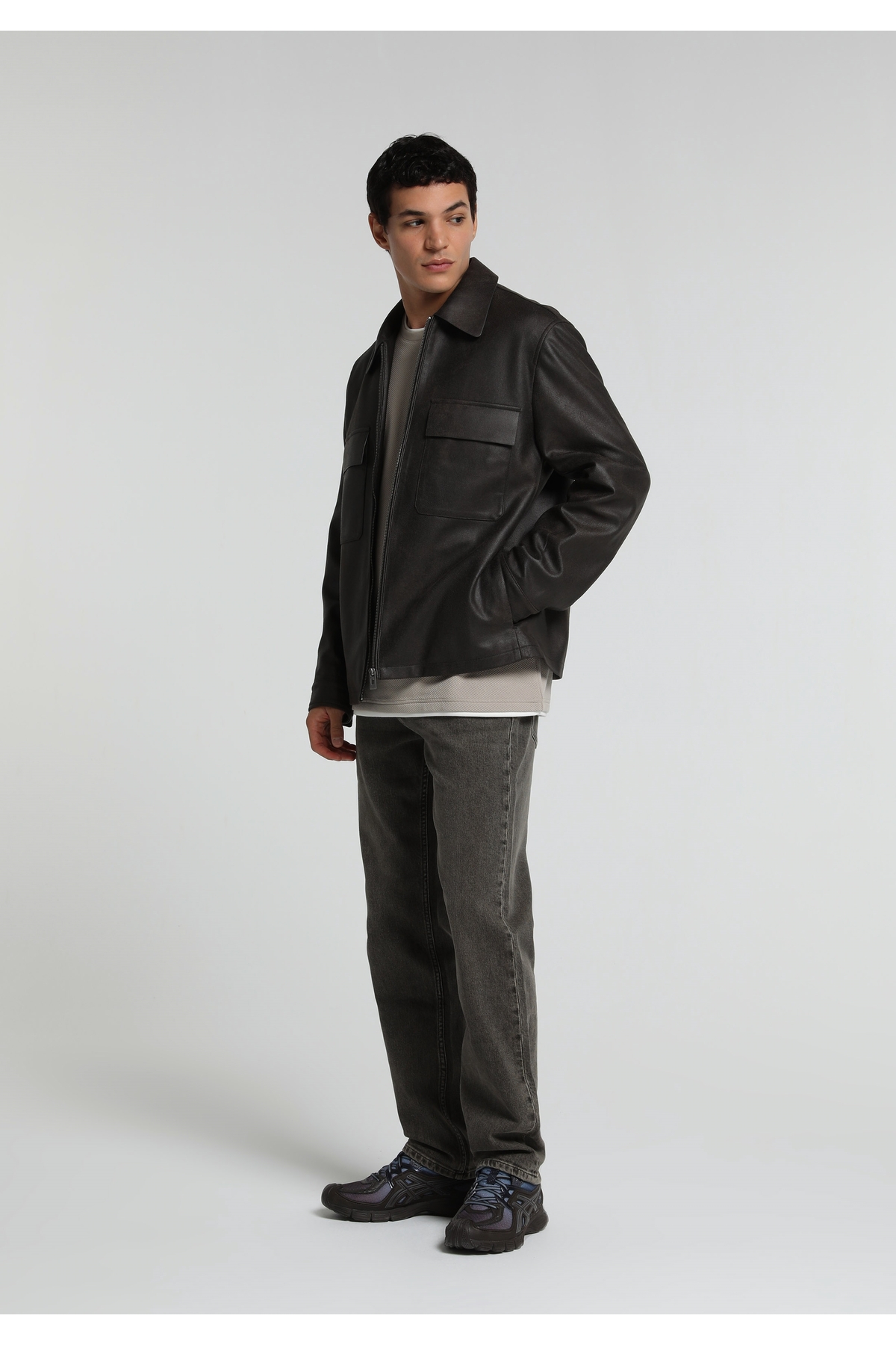 Regular Fit Shirt Neck Fermuarlı Astarlı Erkek Kahverengi Mont Pu — قهوه‌ای CL1082377_Q1.V1 — تصویر 3 از 6