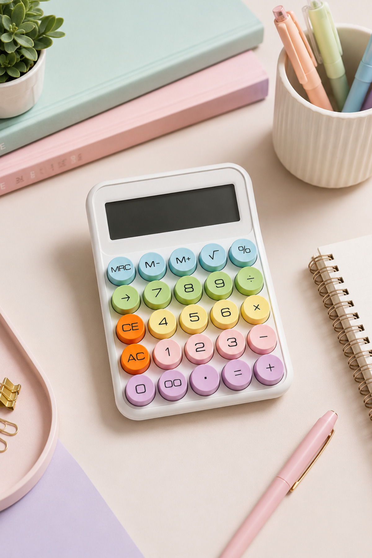 Sone Gökkuşağı Pastel Renkli Büyük Tuşlu Hesap Makinesi – Sevimli Estetik Okul ve Masaüstü Hesap Makinesi