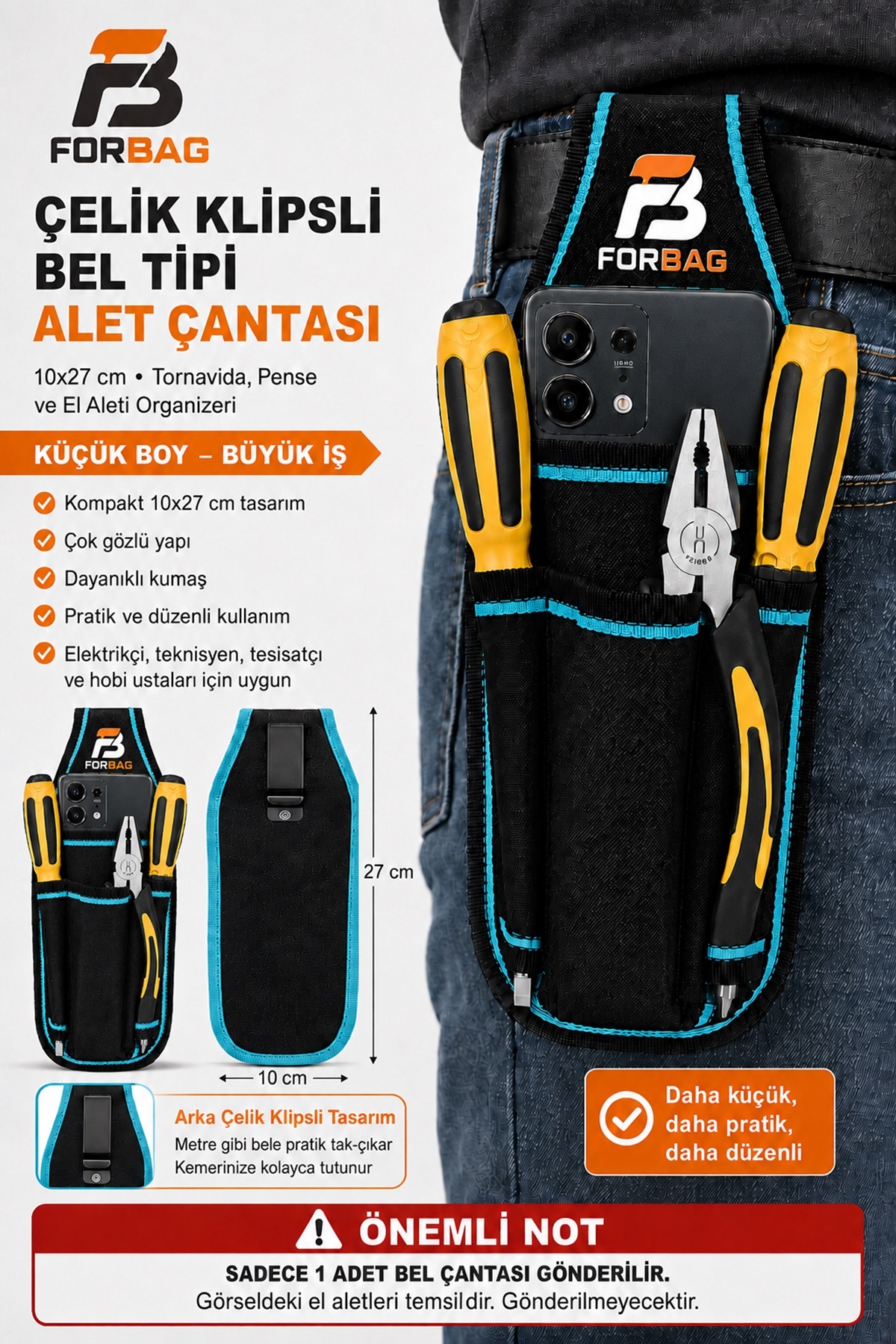 Forbag Bel Tipi Hırdavat Çantası, Bez Takım Çantası, Alet Çantası Organizer, Kemer Klipsli, Ustalar ve Teknisyenler