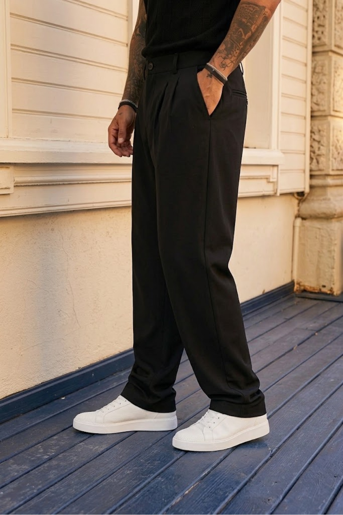 ElitWear Erkek Pileli Rahat Kalıp Beli Lastikli ve Kemerli Baggy Kumaş Pantolon görsel 3