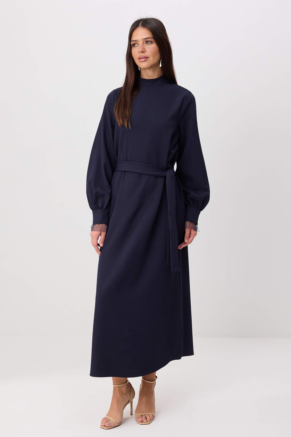 Trendyolmilla Modest Lacivert Astarsız Kuşak Detaylı Dokuma Finike Tesettür Elbise TCTSS24EB00174