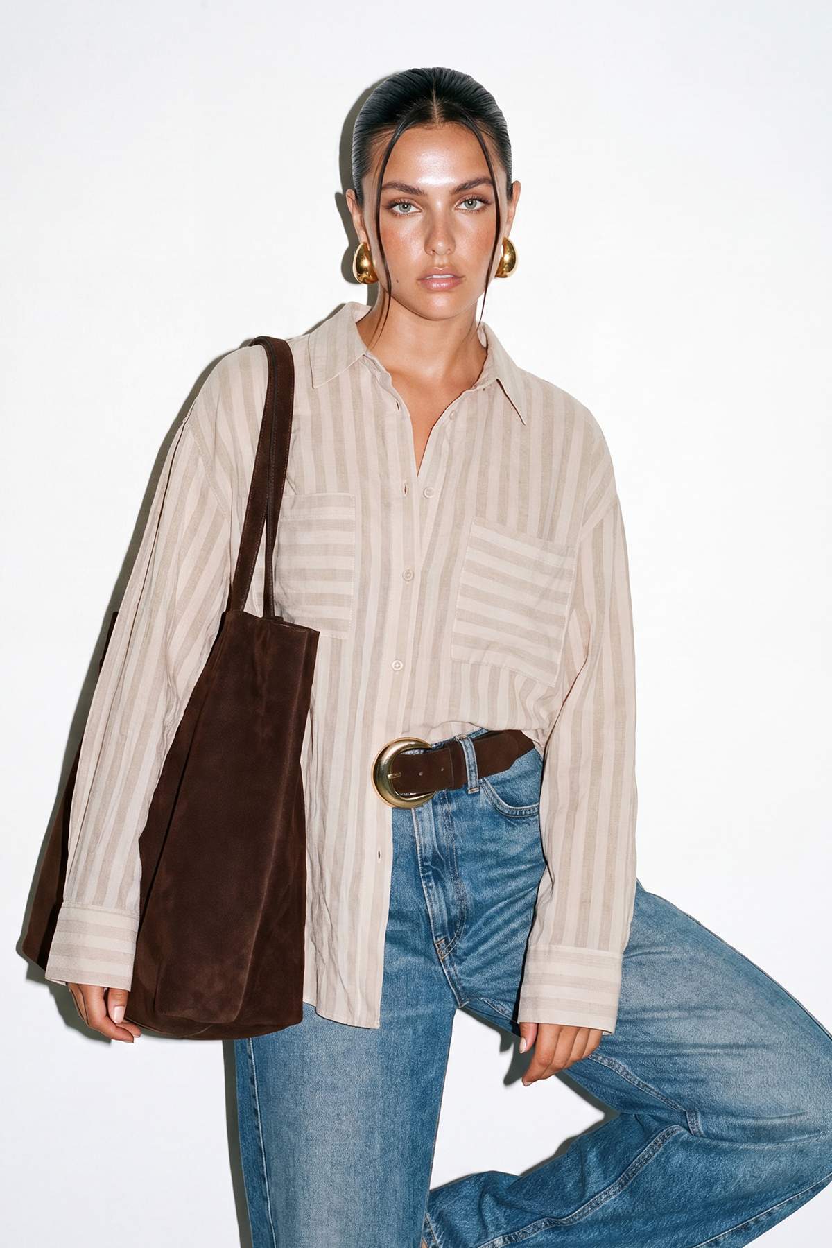 Drop by Trendyolmilla Taş Çift Cepli Oversize Dikine Çizgili Gömlek TDRSS26GO00112