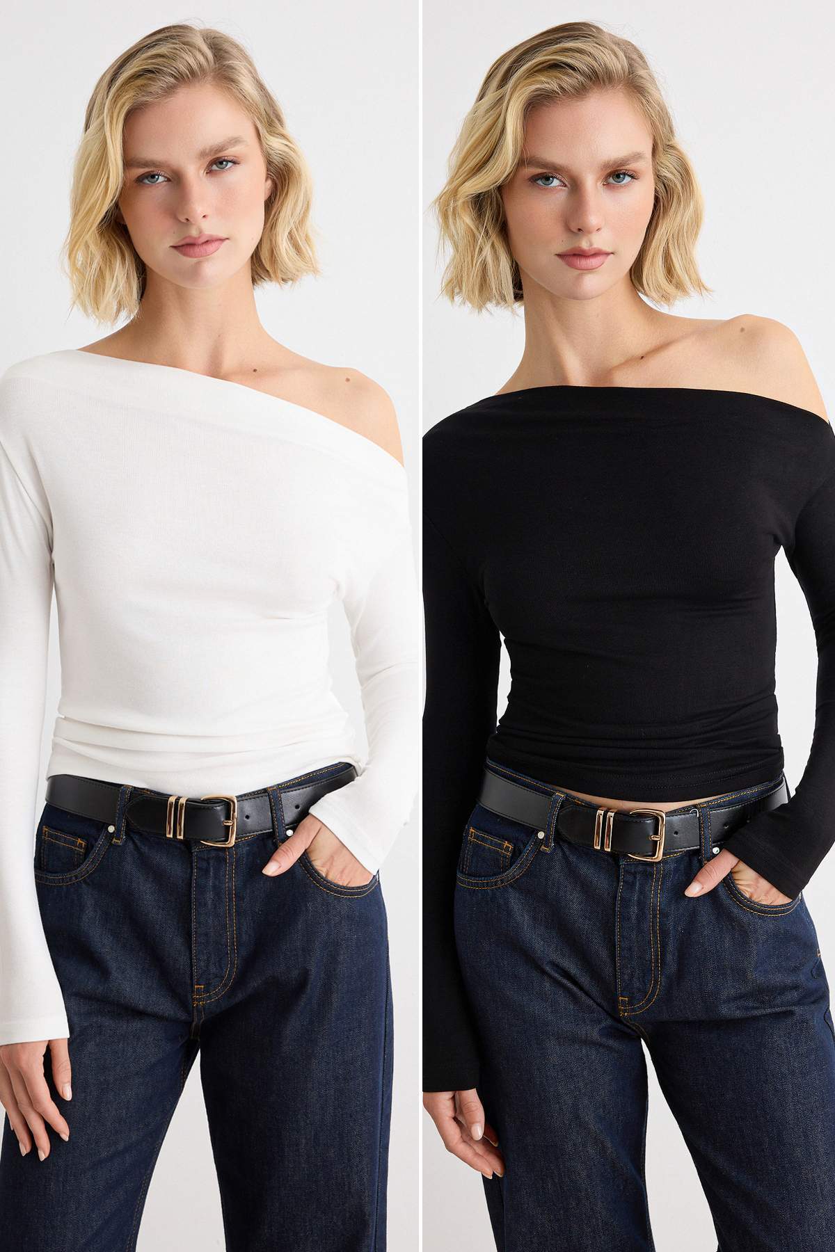 Trendyolmilla Siyah-Ekru 2'li Paket Düz Fitted/Vücuda Oturan Asimetrik Yaka Yumuşak Örme Bluz TWOAW27BZ00052