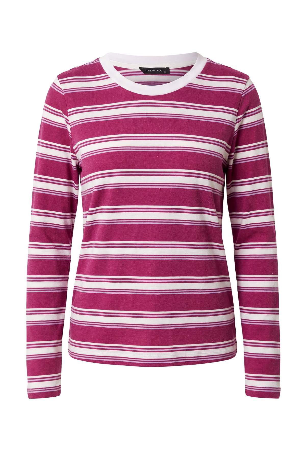 Trendyolmilla Mürdüm Çizgili Regular Bisiklet Yaka Uzun Regular Penye süprem Örme T-Shirt TWOAW27TS00021