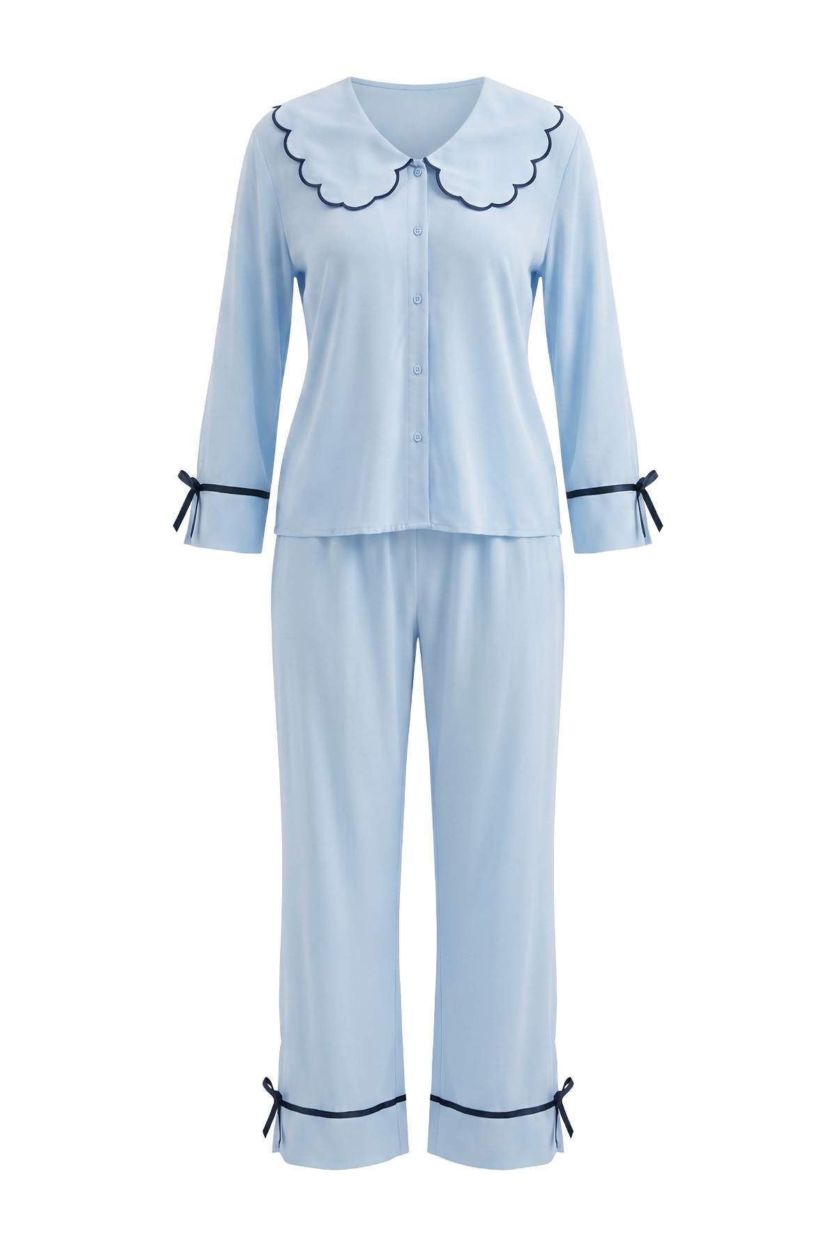 Trendyol Collection Blue Ribbon/Bow Detailed Viscose Woven Pajama Set Thmaw27Pt00096