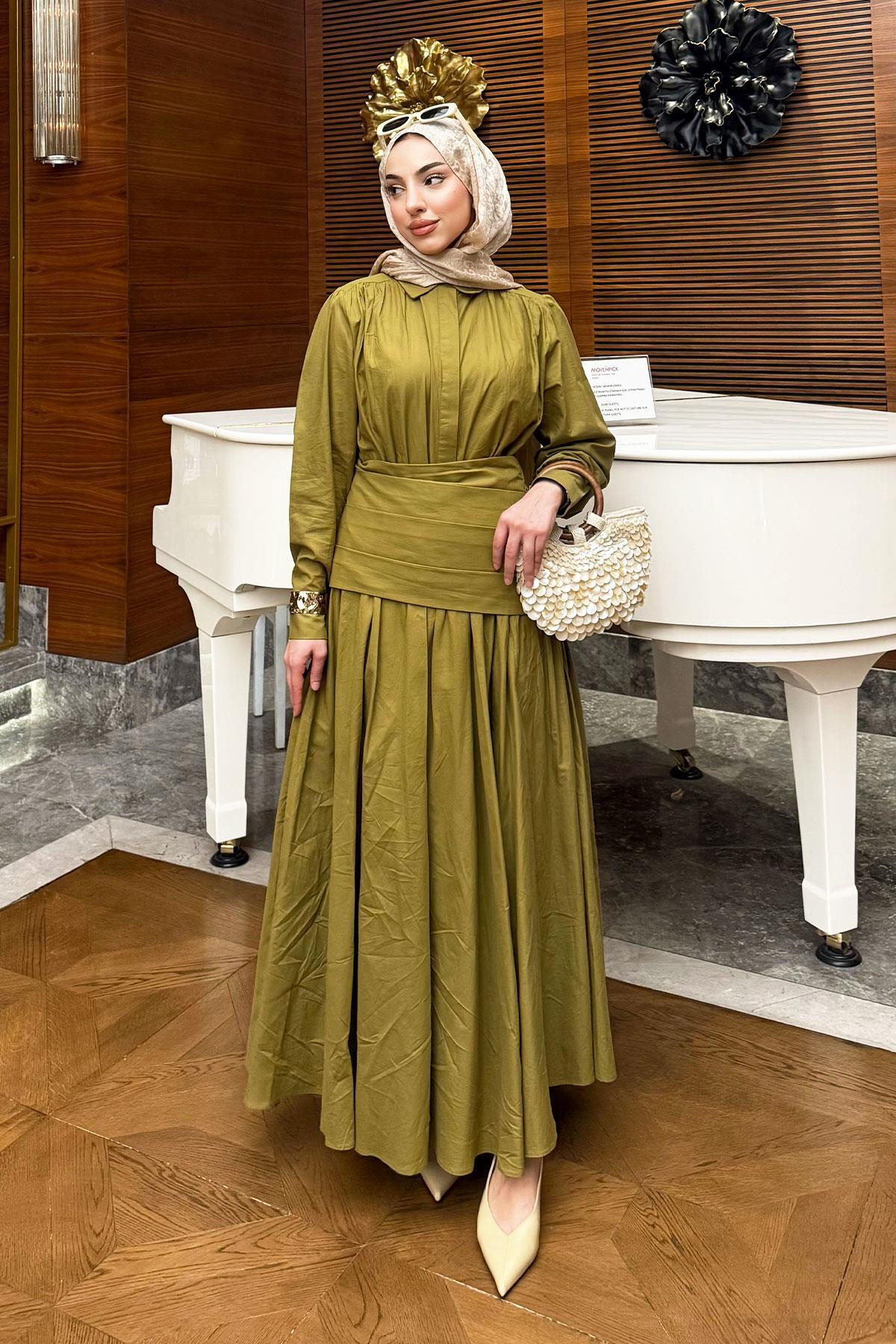 MELEK ARAZ Premium Design Model Voile Skirt Suit - Oil Green