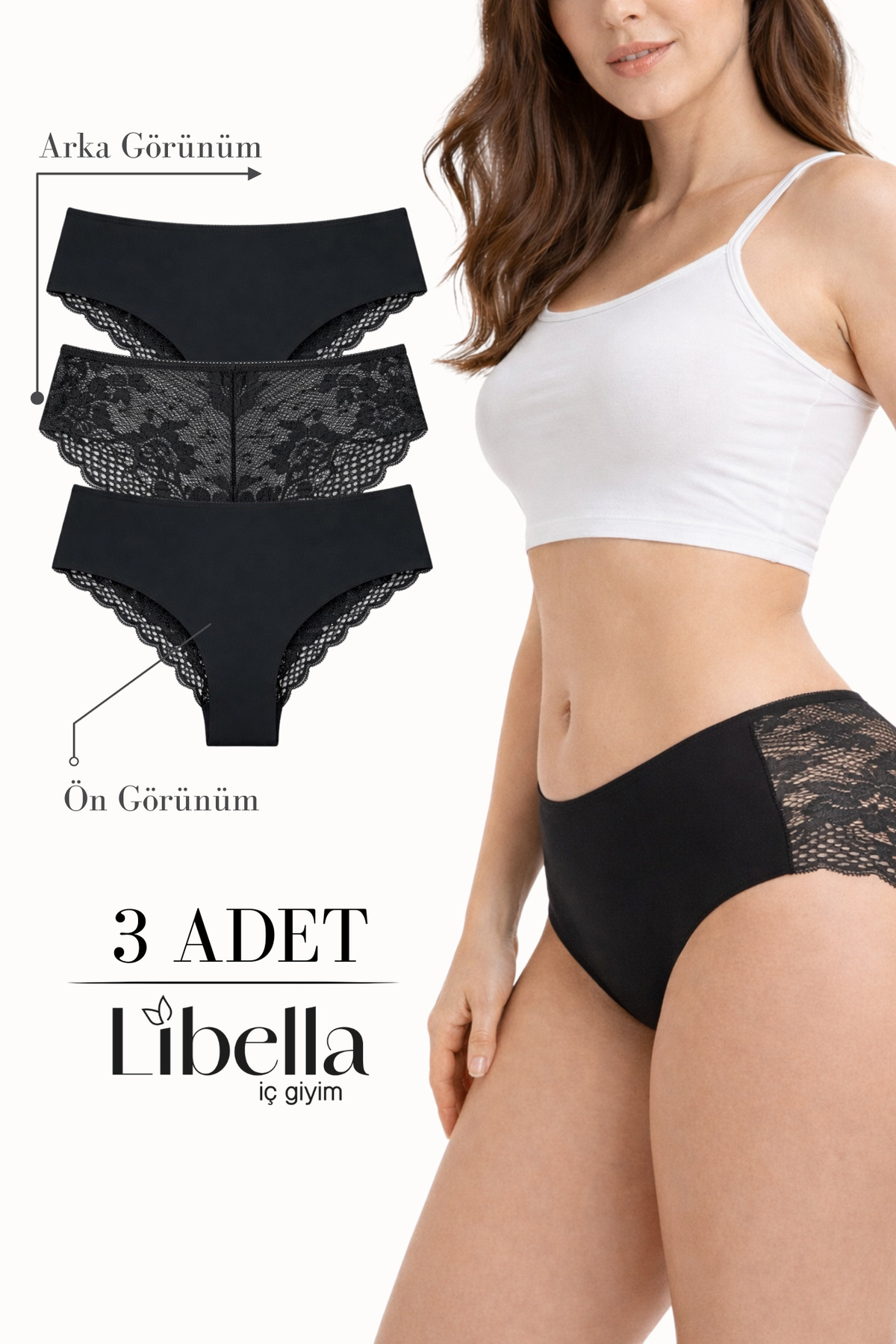 LİBELLA İÇ GİYİM Yeni Sezon Premium Büyük Beden Dantelli Lazer Tül Detaylı Şık Brezilya Külot Siyah 3'lü Paket