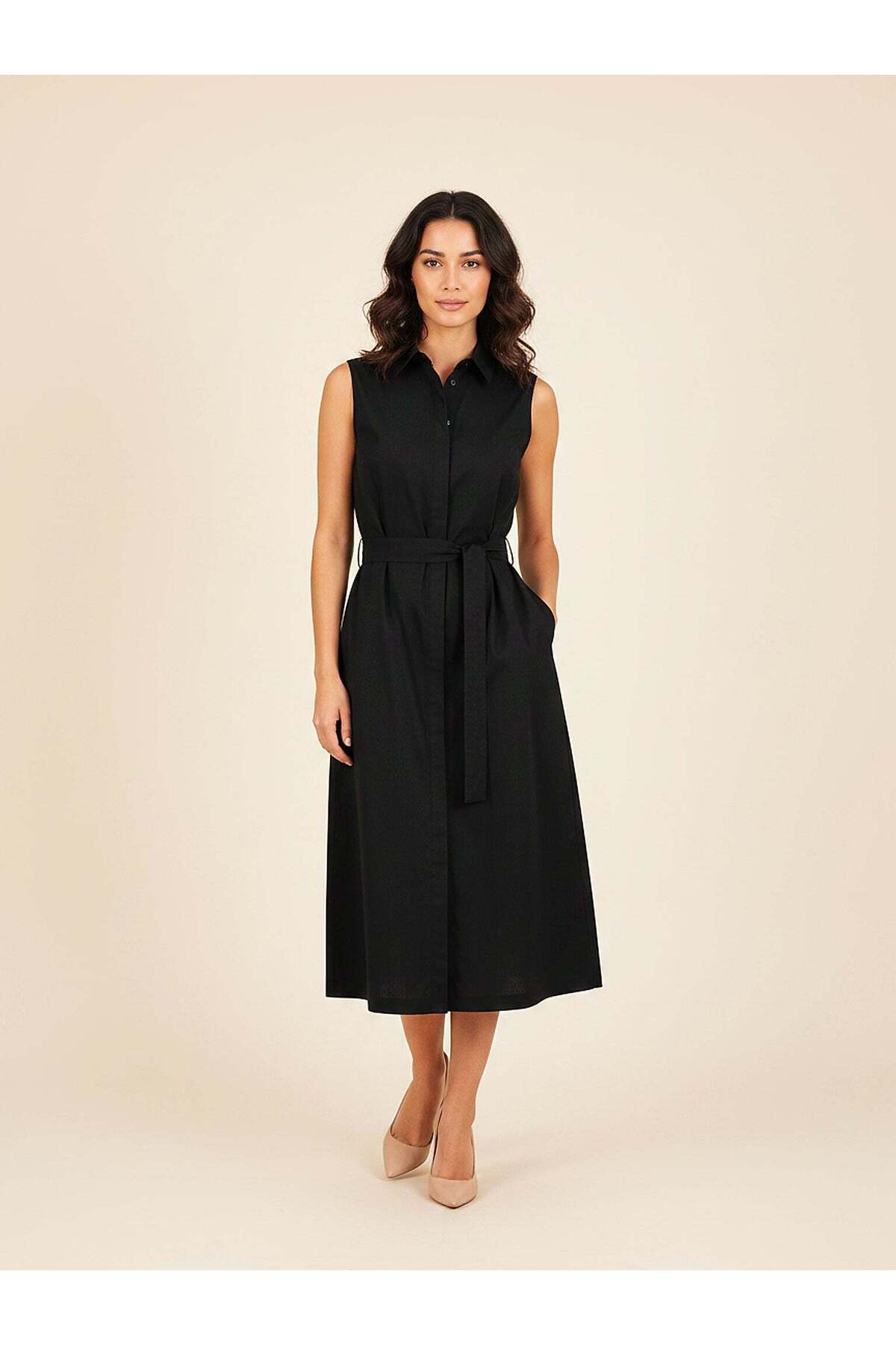 Women's Black Sleeveless Shirt Dress – Buttoned Collar, Summer Posture | Frn Line