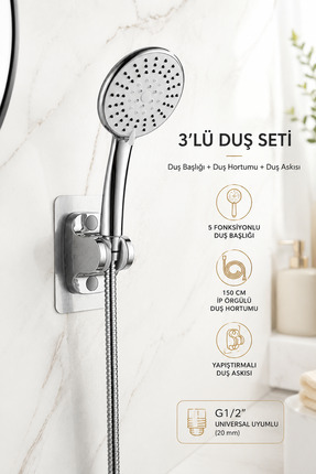 Plodna House Matkapsız 5 Fonksiyon Duş Başlığı Seti | Yapışkanlı Askı + İp Ör...