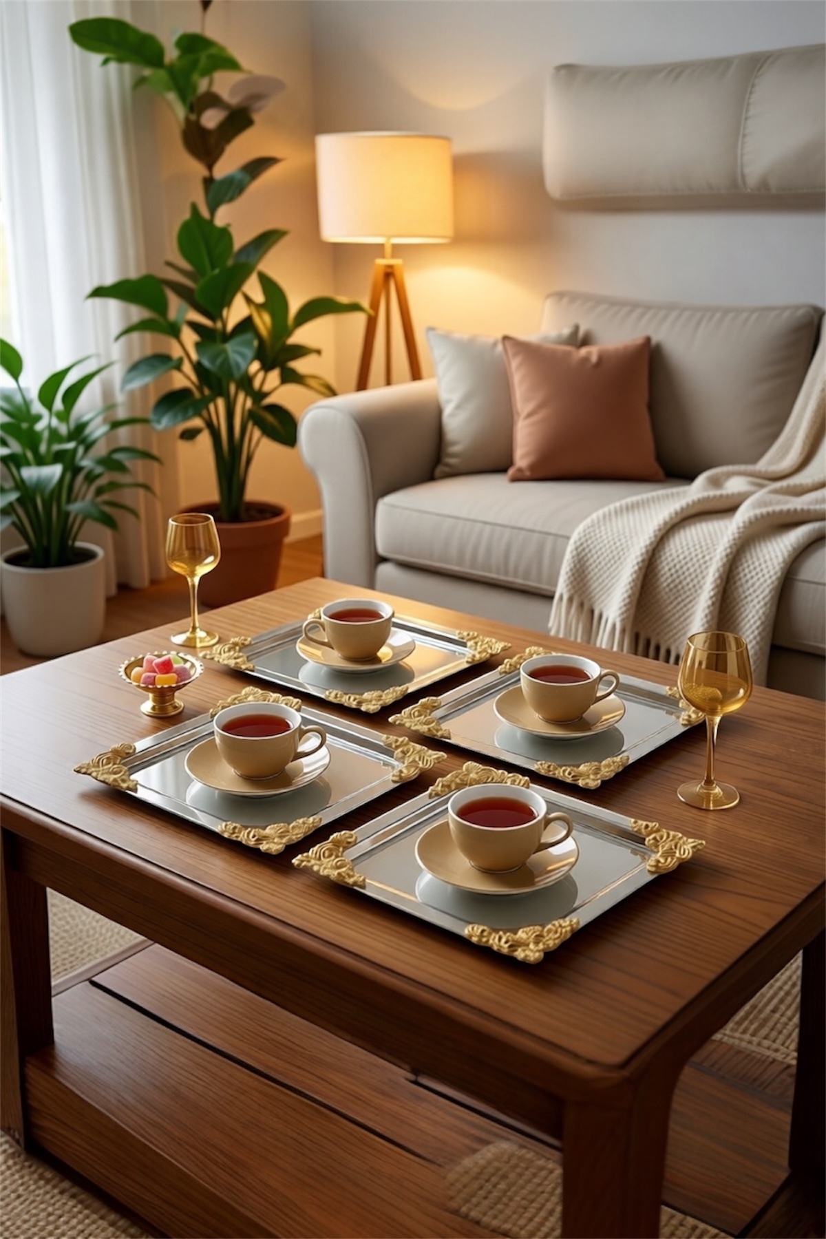 4-Piece 18/10 Steel Coffee Serving Tray with Silver Gold Rose