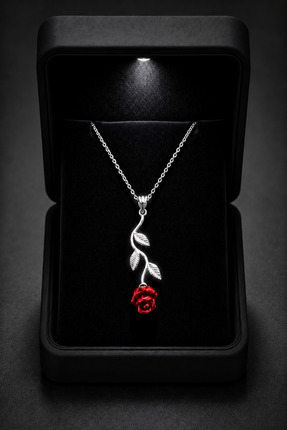 ÇEKİRDEK JEWELRY Işıklı Hediye Kutulu 925 Ayar Gümüş Rodyum Kaplama Ters Güll...