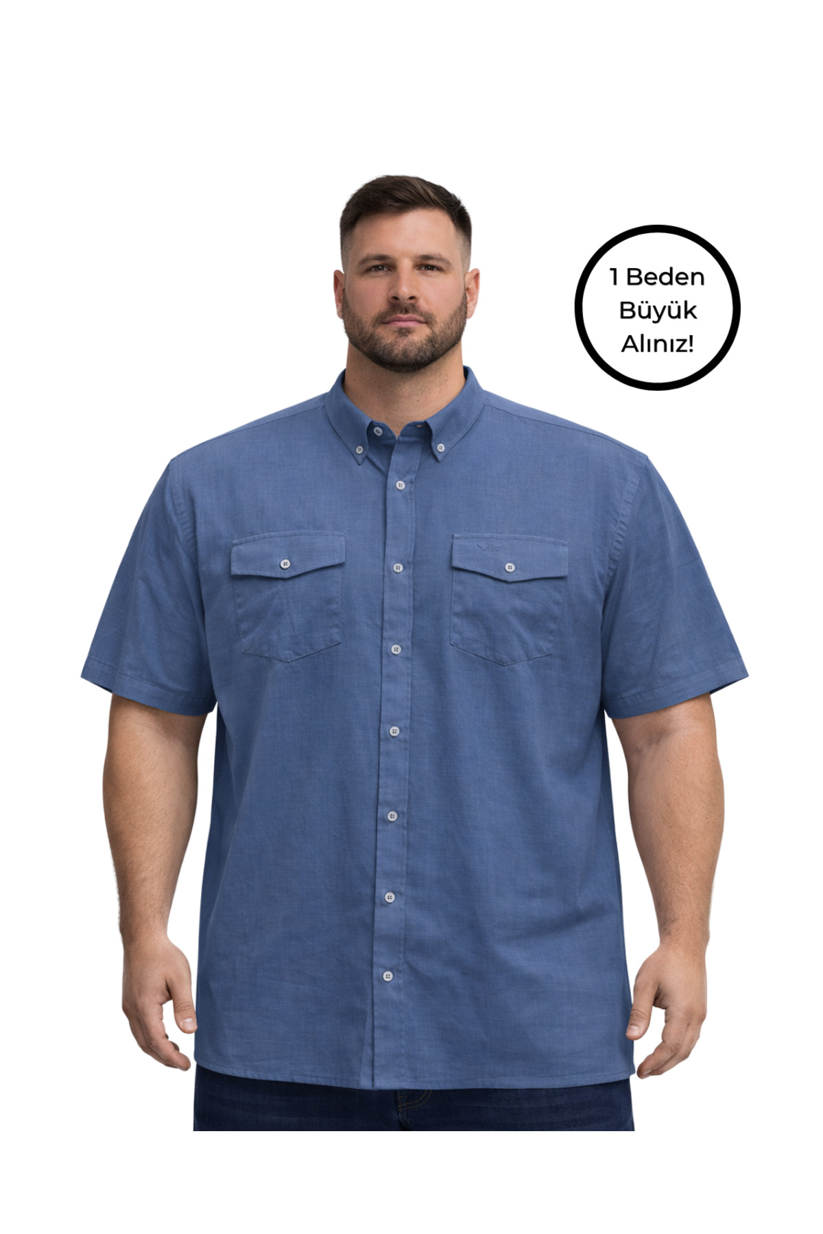 BattalModa Erkek Büyük Beden İndigo Çift Cepli Kısa Kollu Gömlek 3XL-4XL-5XL-6XL-7XL-8XL