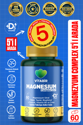 vitabir 5i1 Arada Magnezyum Complex | Bisglisinat, Taurat, Malat, Sitrat, L-T...