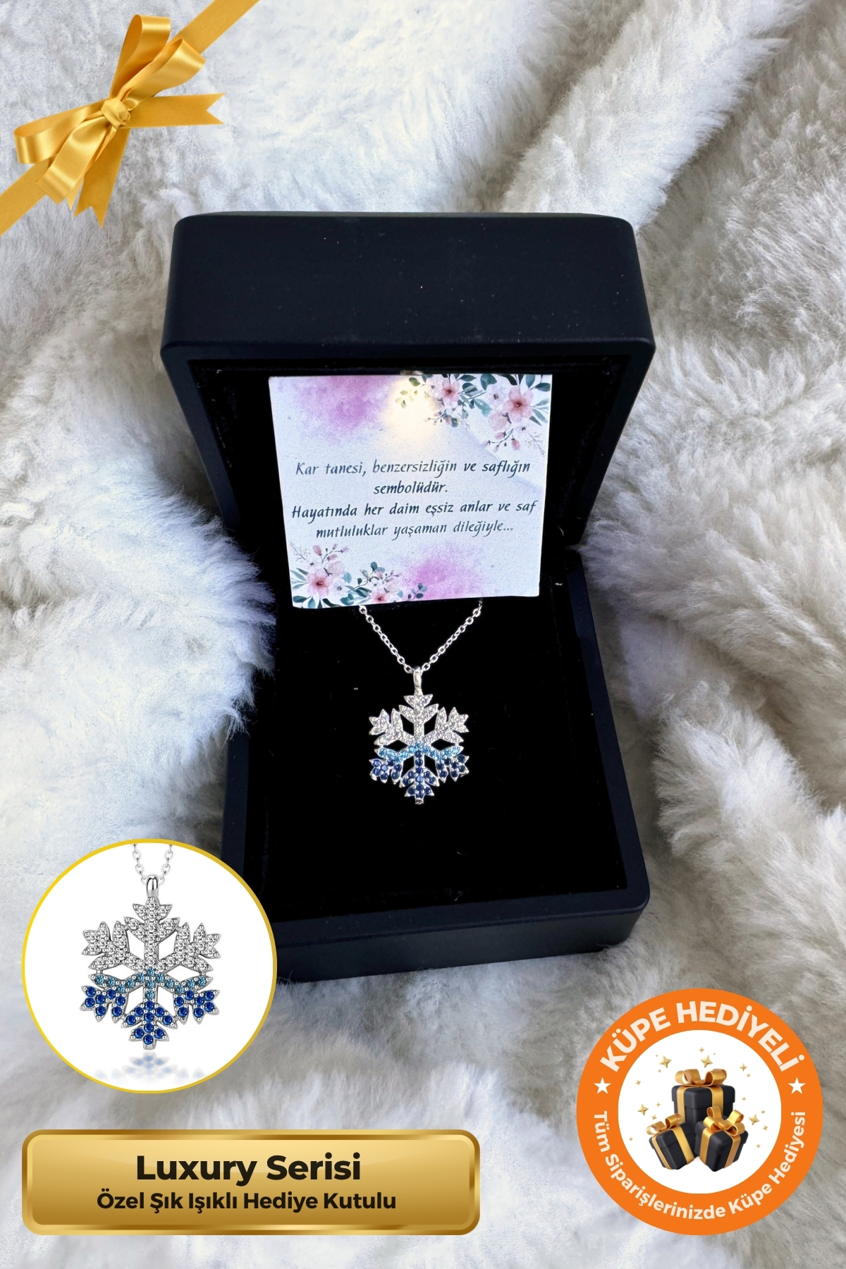 Lucente Jewellery Işıklı Hediye Kutulu Kar Tanesi 925 Ayar Luxury Serisi Işıltılı Özel Gün Hediyesi 45 Cm Zincirli Gümüş Yeni Başlangıçlar Saflık Güzellik ve Zarafetin Simgesi Mavi Taşlı Kartanesi Hediyelik Kadın Kolye