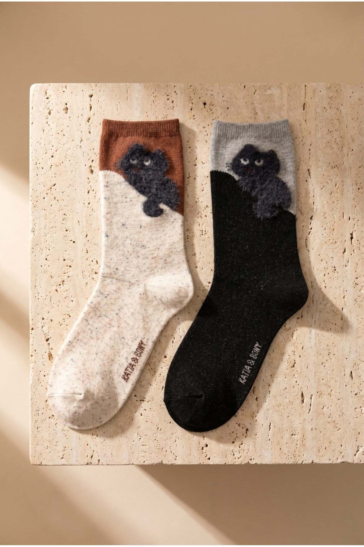 Katia&Bony Kadın 2'li Kedi Desenli Soket Çorap Siyah Mix