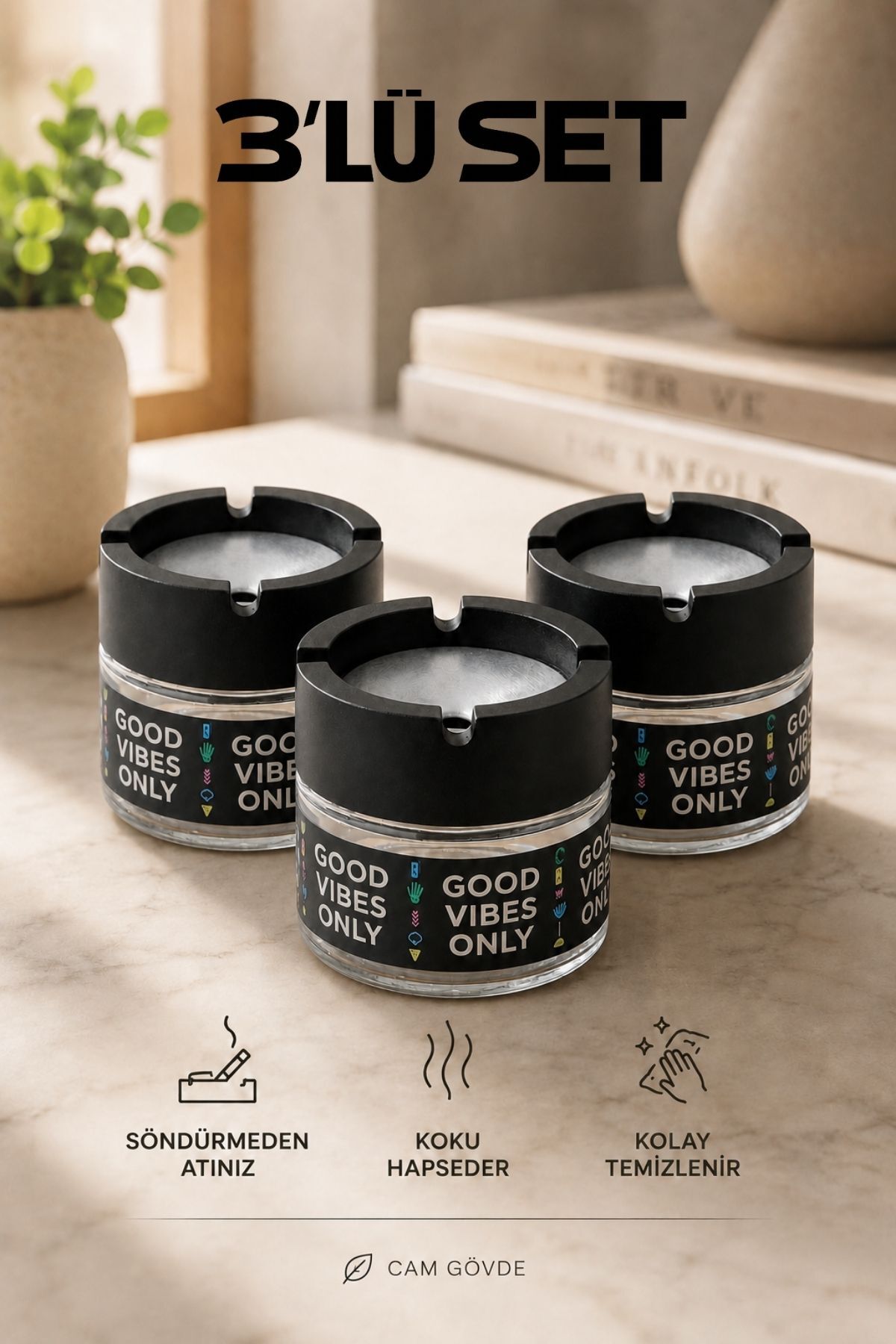 Good Vibes 3 Pieces Glass Unscented Ashtray | Odor Trapping Cover | Anti-Wind Cover | Suitable for Vehicle and Home Use | Black | 300 ML