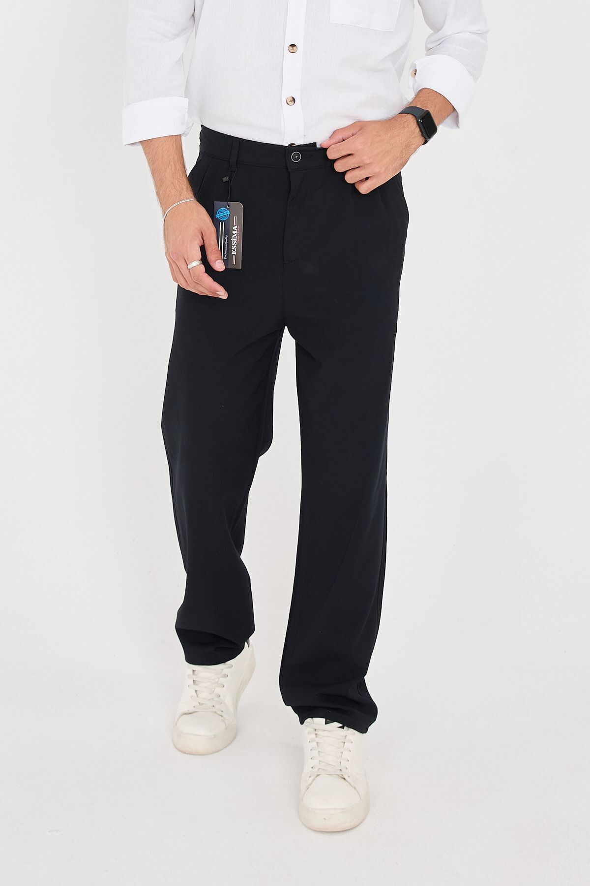 ESSİMA Erkek Lacivert Baggy Fit Lastikli Bel Çift Pileli Rahat Ve Şık Kumaş Pantolon