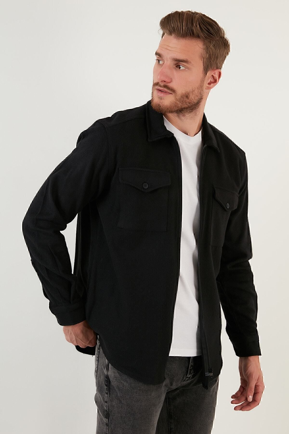 Buratti Erkek Siyah Çift Cepli Fermuarlı Slim Fit Kışlık Gömlek Cf21w112925 görsel 3