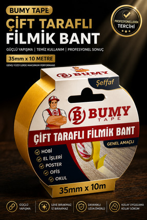 BUMY Çift Taraflı Şeffaf Filmik Bandı 35 mm x 10 METRE Güçlü Yapışkanlı Genel...