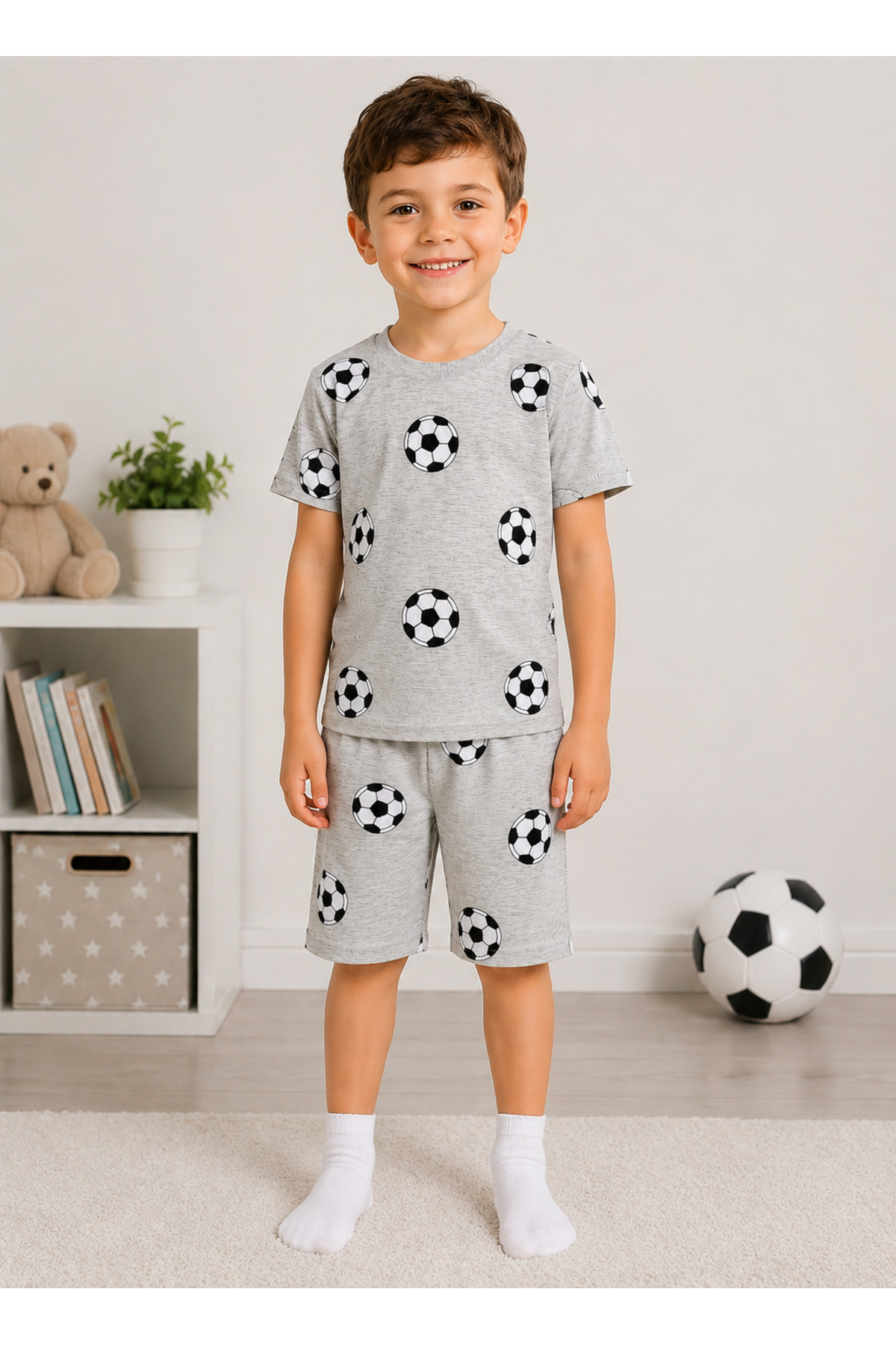 ALİŞ KİDS Boys' Cotton Gray Football Patterned Short Sleeve Shorts Summer Pajama Set
