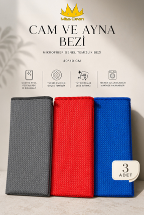 MissClean ( 3 Adet ) Cam Ve Ayna Bezi Mikrofiber Genel Temizlik Bezi Çok Renk...