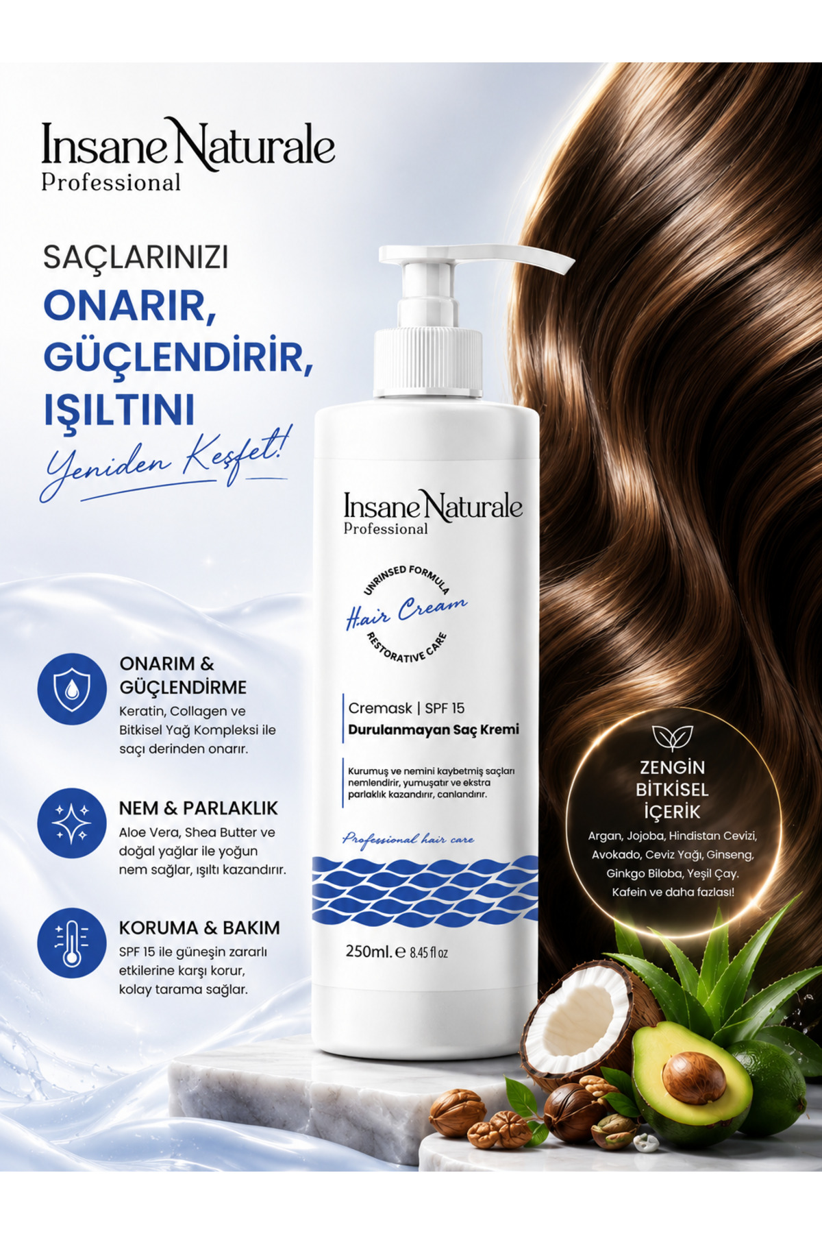 Insane Naturale CREAMASK Keratin ve Biotin İçeren Onarıcı Durulanmayan Saç Bakım Kremi 250 ml — cremask-250