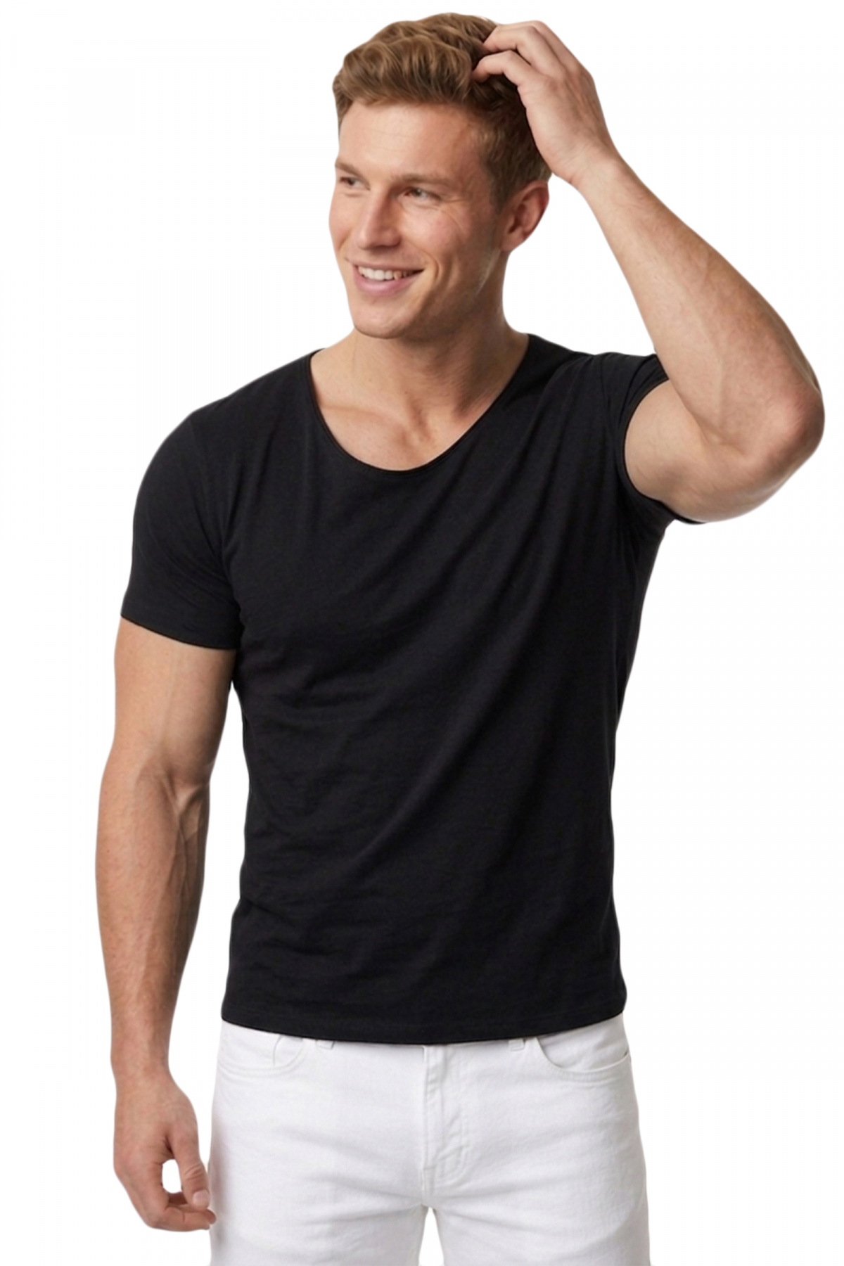 DeepSEA Erkek Siyah Slim Fit %90 Pamuk Açık Yaka Oval Kesim Likralı Basic Tişört 1801199