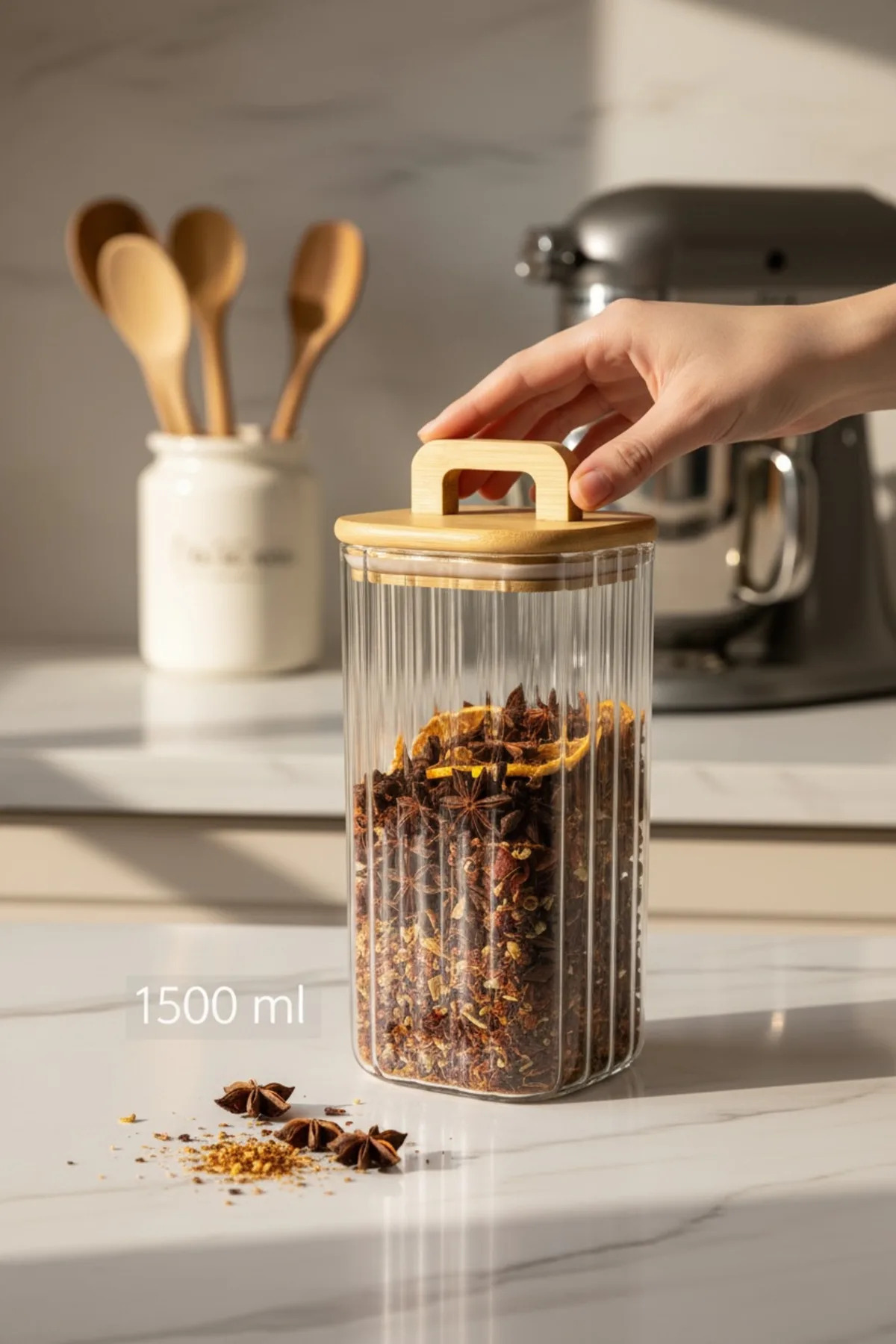 Bambu Kapaklı 1500 ml Line (Çizgili) Cam Saklama Kavanozu