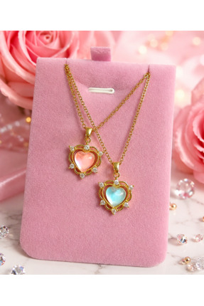 stainless steell Pembe kalp figürlü zirkon taşlı Çelik kolye
