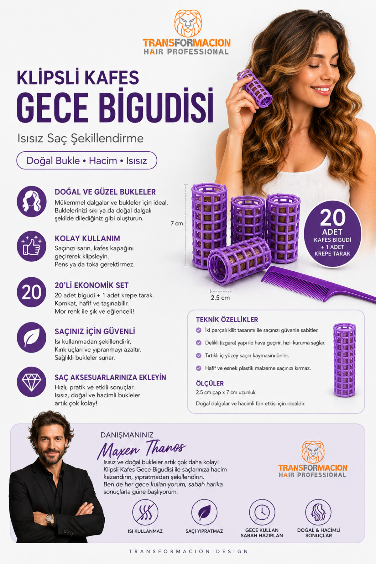 Transformacion Kafes Gece Bigudisi Isısız Saç Şekillendirme Doğal Bukle Bigudisi 20 Adet 720025 görsel 5