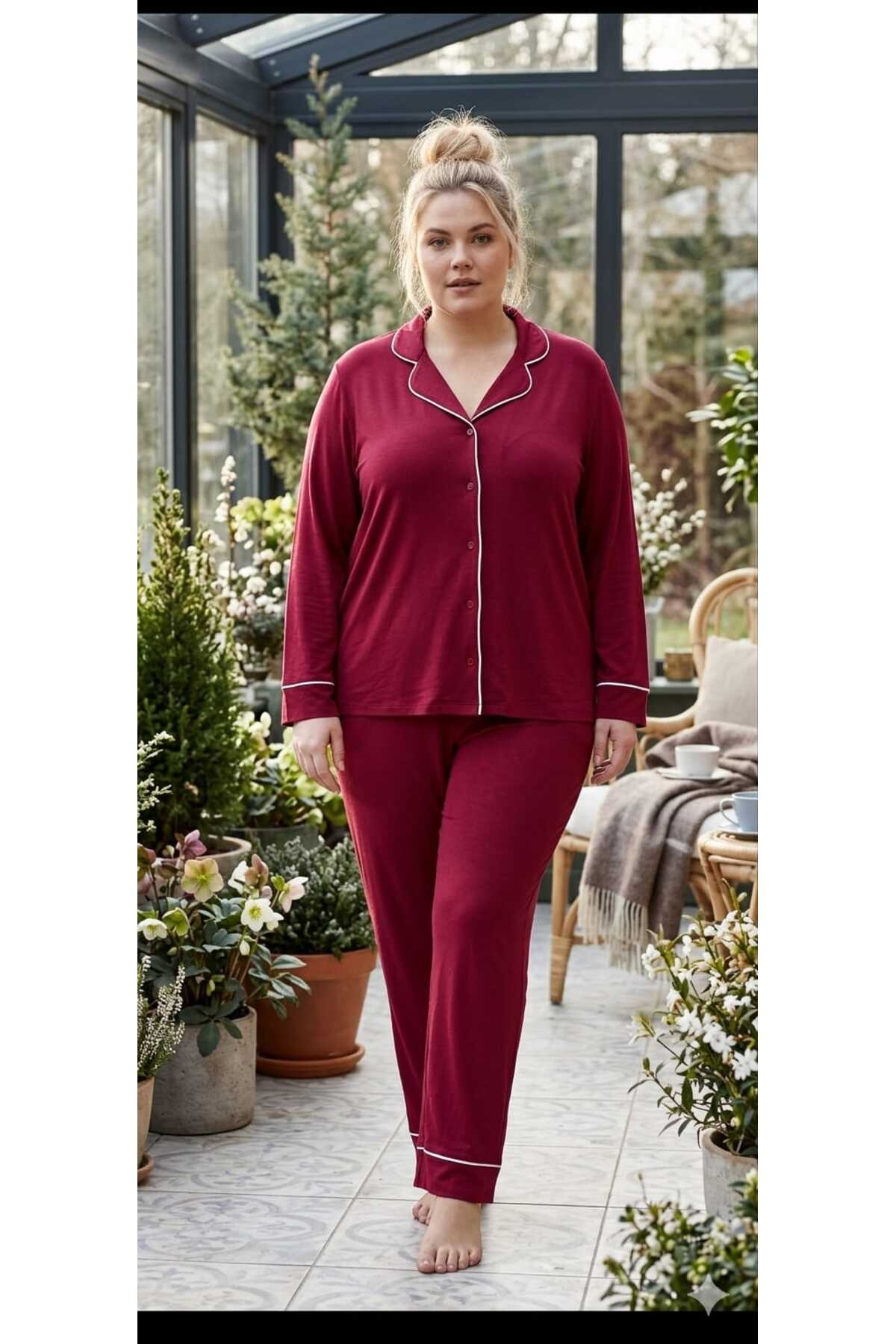 pijamacity Büyük Beden Kadın Bordo Uzun Kollu Pamuklu Düğmeli Biyeli Pijama Takımı
