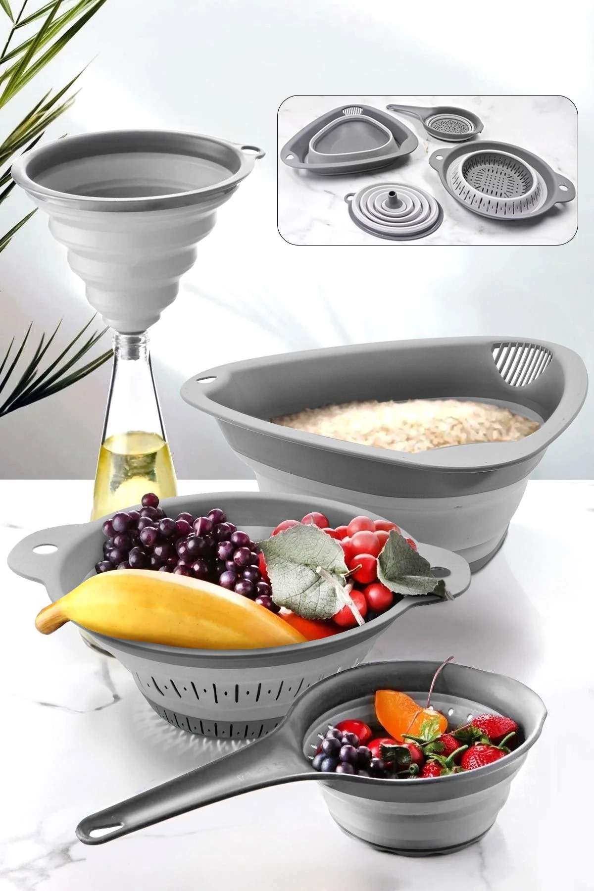 4-Piece Accordion Folding Strainer Set - Kitchen Dowry Set (Accordion Handle Rice Strainer Funnel Grey)