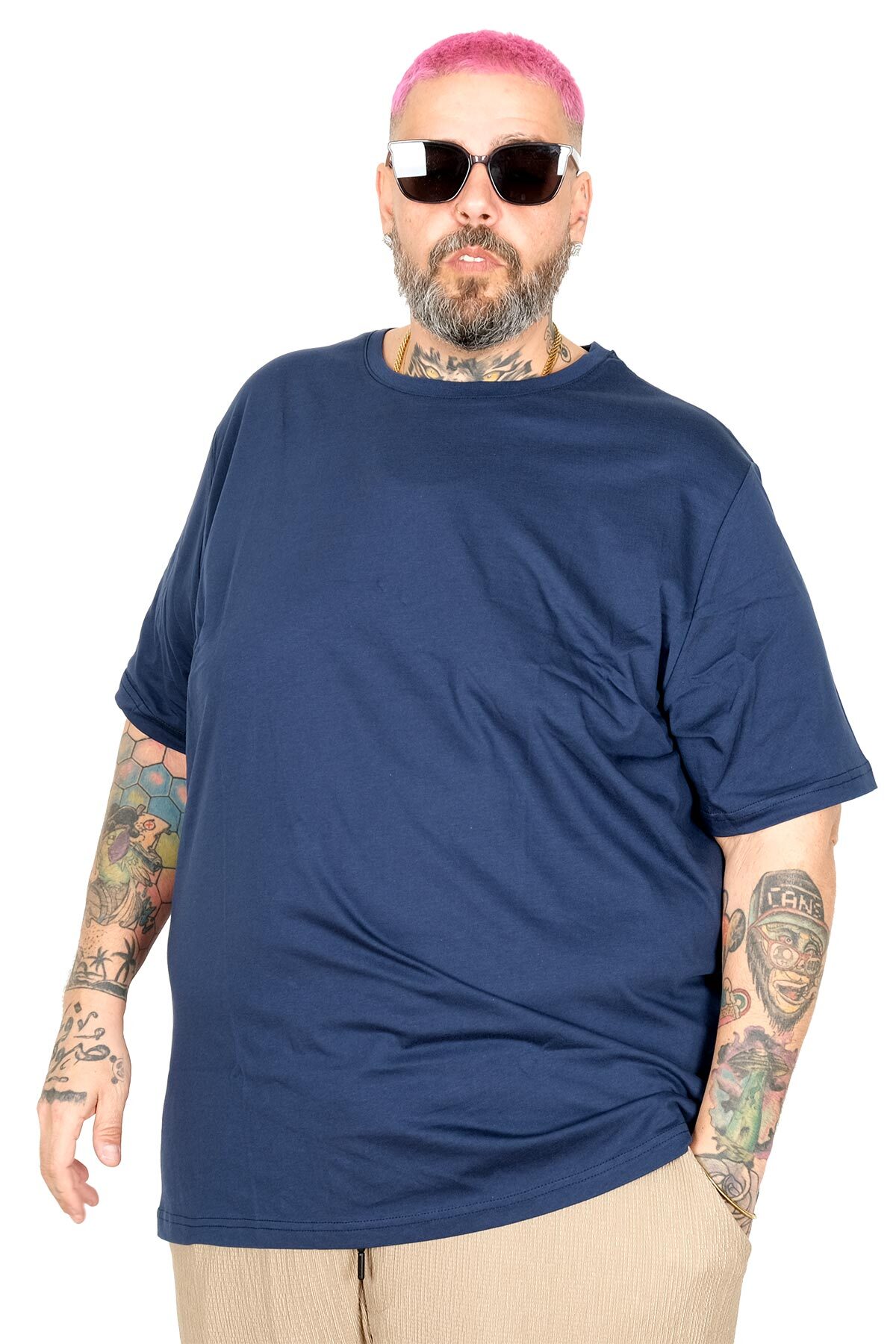 ModeXL Büyük Beden Erkek Bisiklet Yaka Basic T-Shirt %100 Pamuk 20031 İndigo