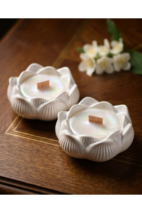 Noure Candle Studio 2'li Lotus Çiçeği Görünümlü Seramik İçinde Yasemin Kokulu...
