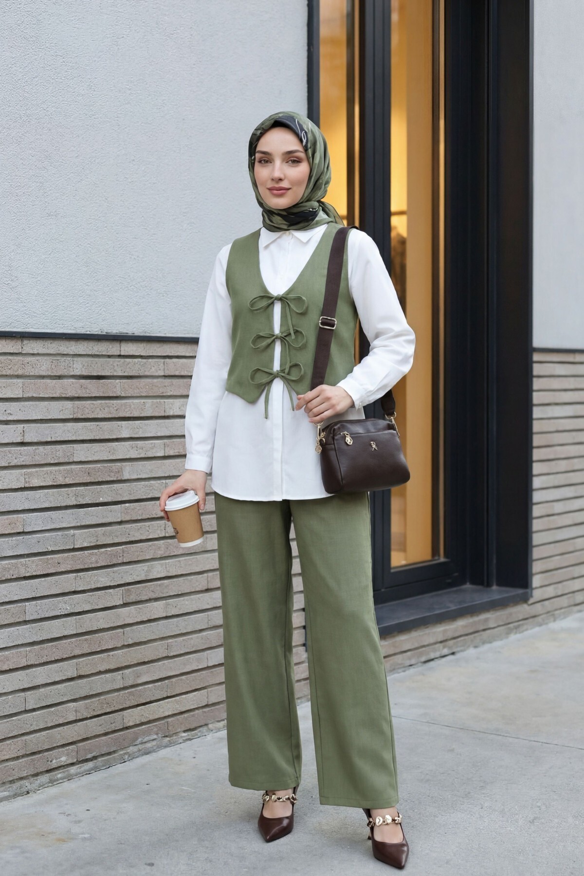 Modamorfo Tie-Front Vest and Trousers Two-Piece Set -Khaki