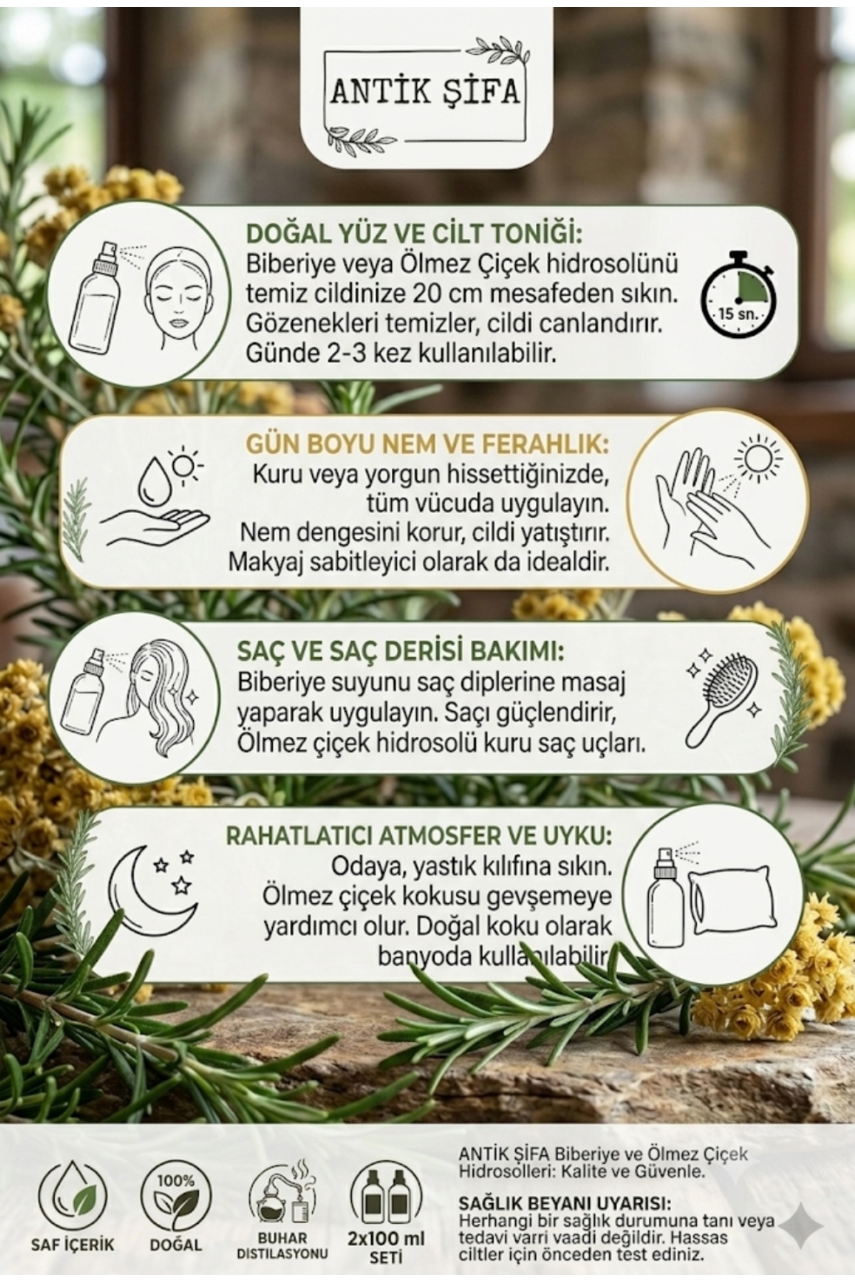 Biberiye Suyu Ve Ölmez Çiçek Suyu Seti - Gergin Hidrosolü Seti (2X100ML) — biberiyeölmezçiçekset1 — تصویر 3 از 5