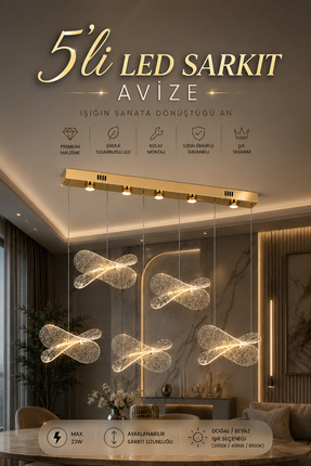 Elvora Home 5li Gold Modern (PREMİUM) 3 Renkli LEDli Uzun Sarkıt Avizesi Salo...